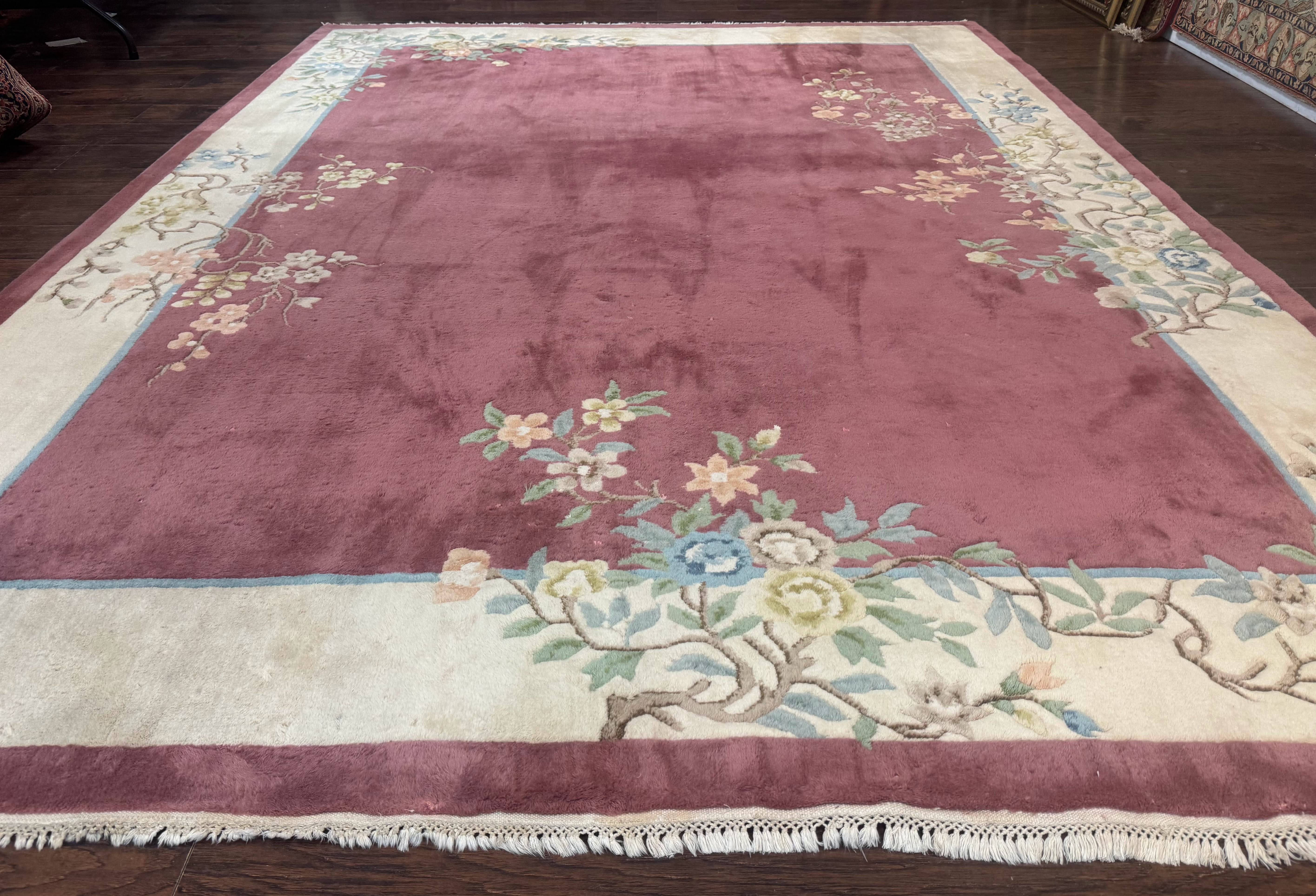 Indo Chinese Art Deco Rug 9x12, Pink and Ivory, Open Filed, Floral, Wool - Jewel Rugs