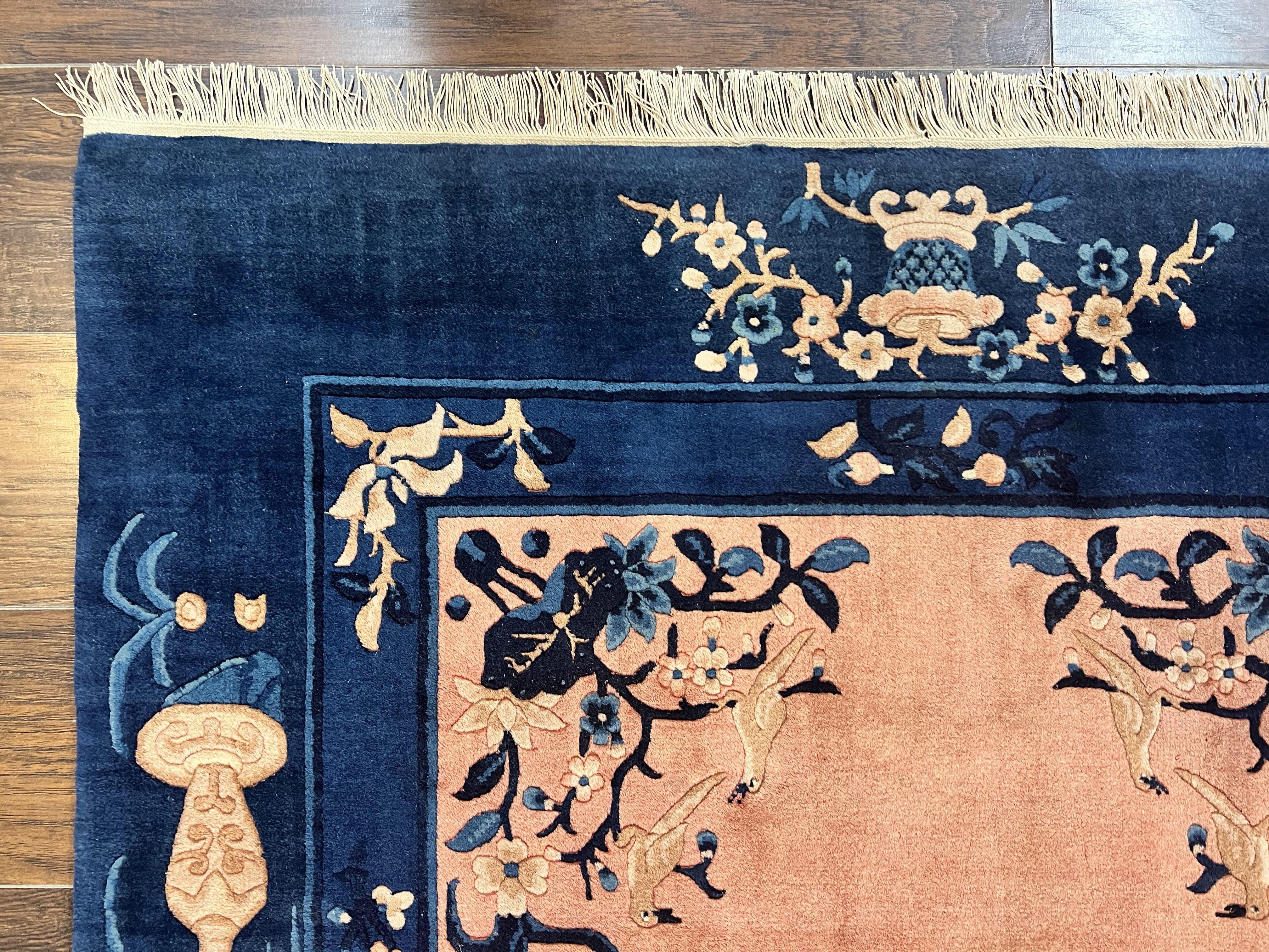 Antique Chinese Peking Rug 4x6, Vases & Bird Motifs, Navy Blue, Handmade Wool Asian Oriental Art Deco Carpet - Jewel Rugs