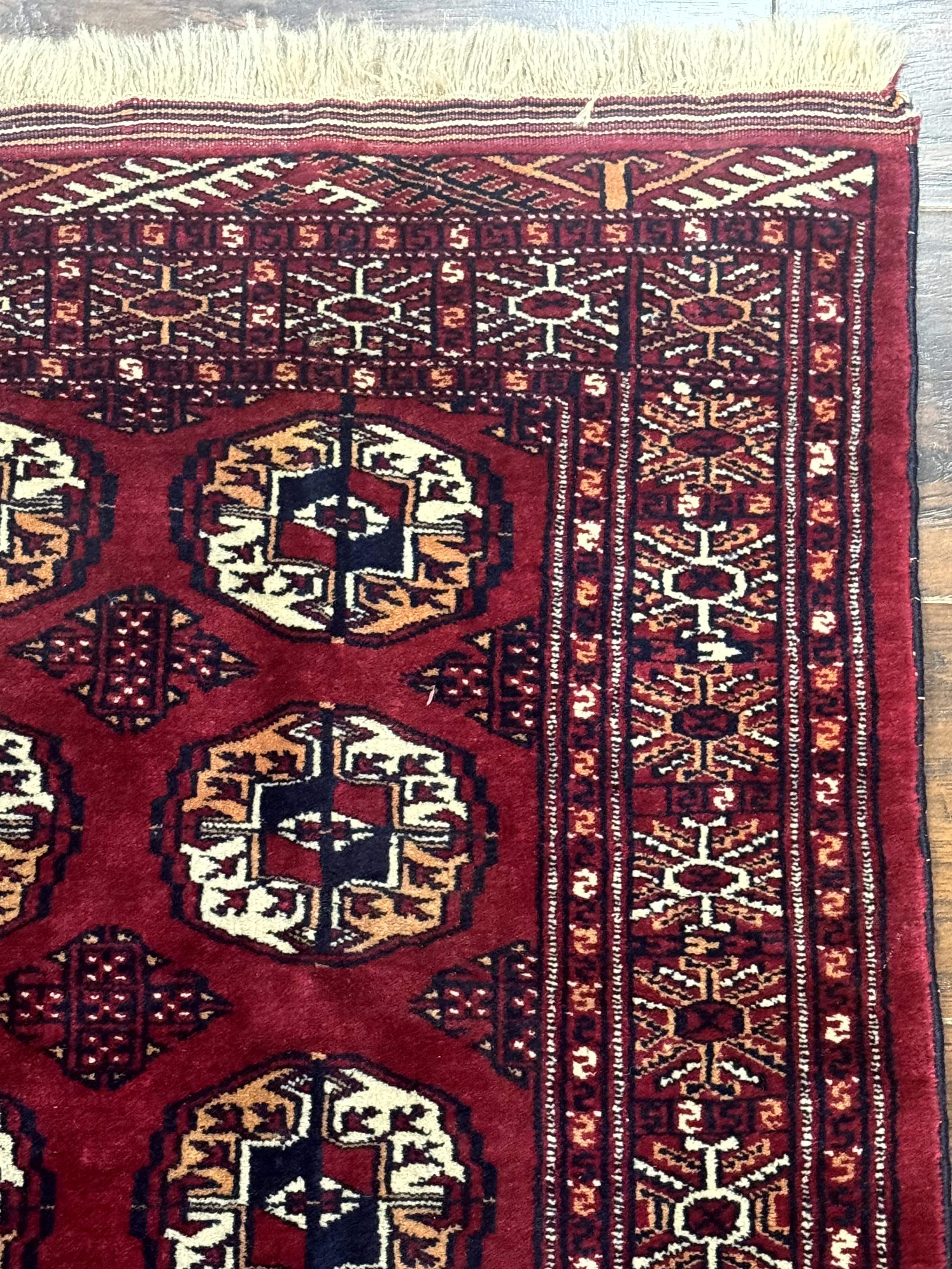 Persian Turkoman Rug 3x4 – Raspberry Red and Ivory, Handmade Wool Vintage Carpet - Jewel Rugs