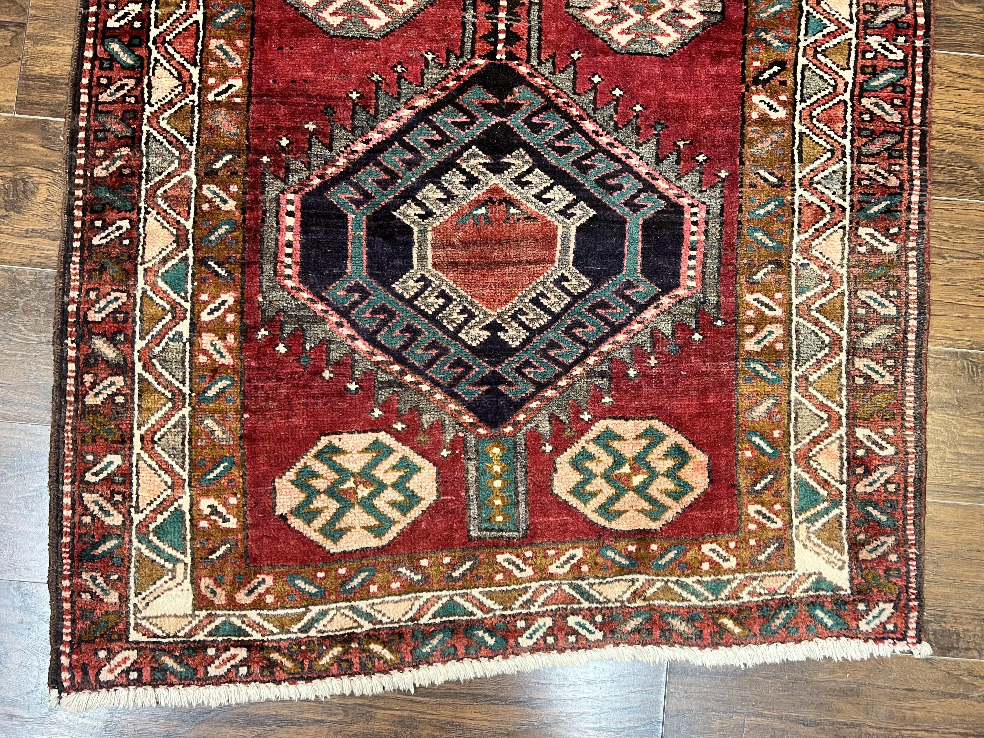 Persian Heriz Runner Rug 3.8 x 8.6, Geometric Design, Large Triple Medallions, Hand Knotted Handmade Vintage Wool Hallway Rug, Red - Jewel Rugs