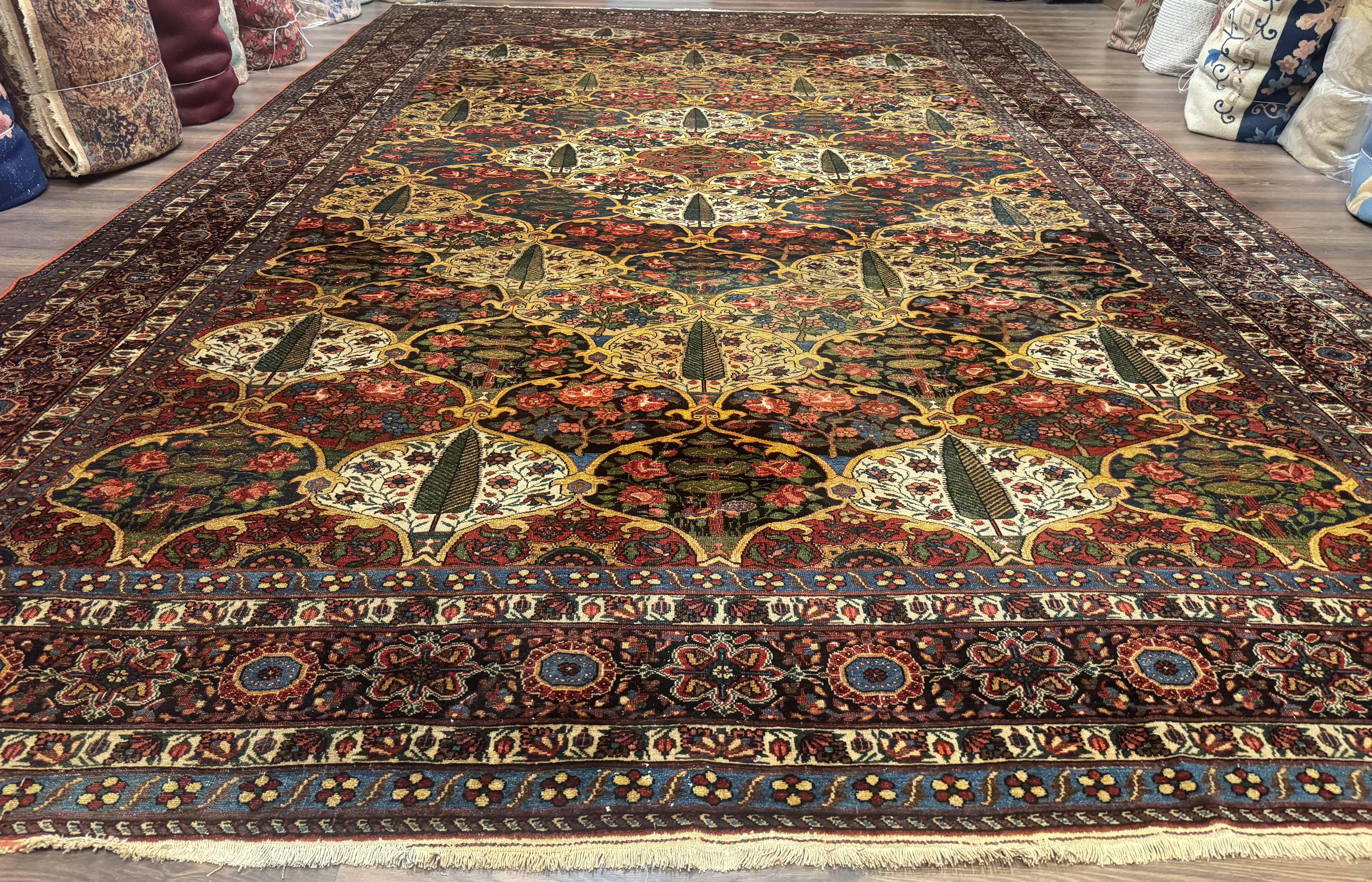 Antique Persian Bakhtiari Rug 12x19, Palace Size Wool Handmade Persian Carpet, Oversized Rug, Panel Design, Peacocks, Multicolor, Rare - Jewel Rugs