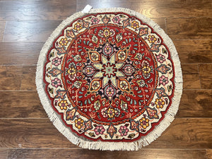 Round Persian Tabriz Rug 3x3, Small Round Oriental Carpet, Floral Medallion, Red, Hand Knotted Handmade Vintage Traditional Wool Rug, Pair B