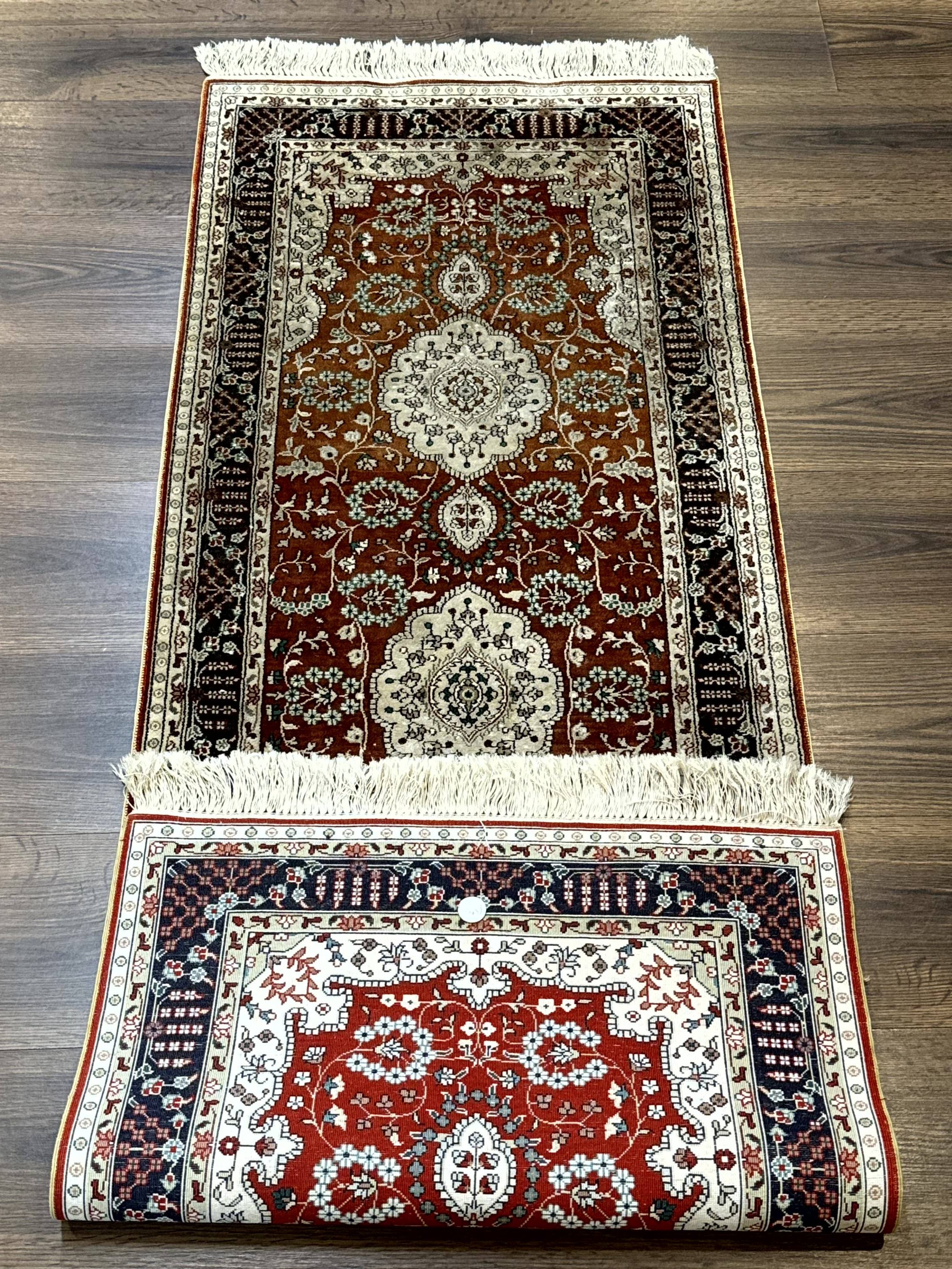Turkish Silk Narrow Runner Rug 2 x 5.8, Very Fine 340 KPSI, Floral Medallions, Red - Jewel Rugs