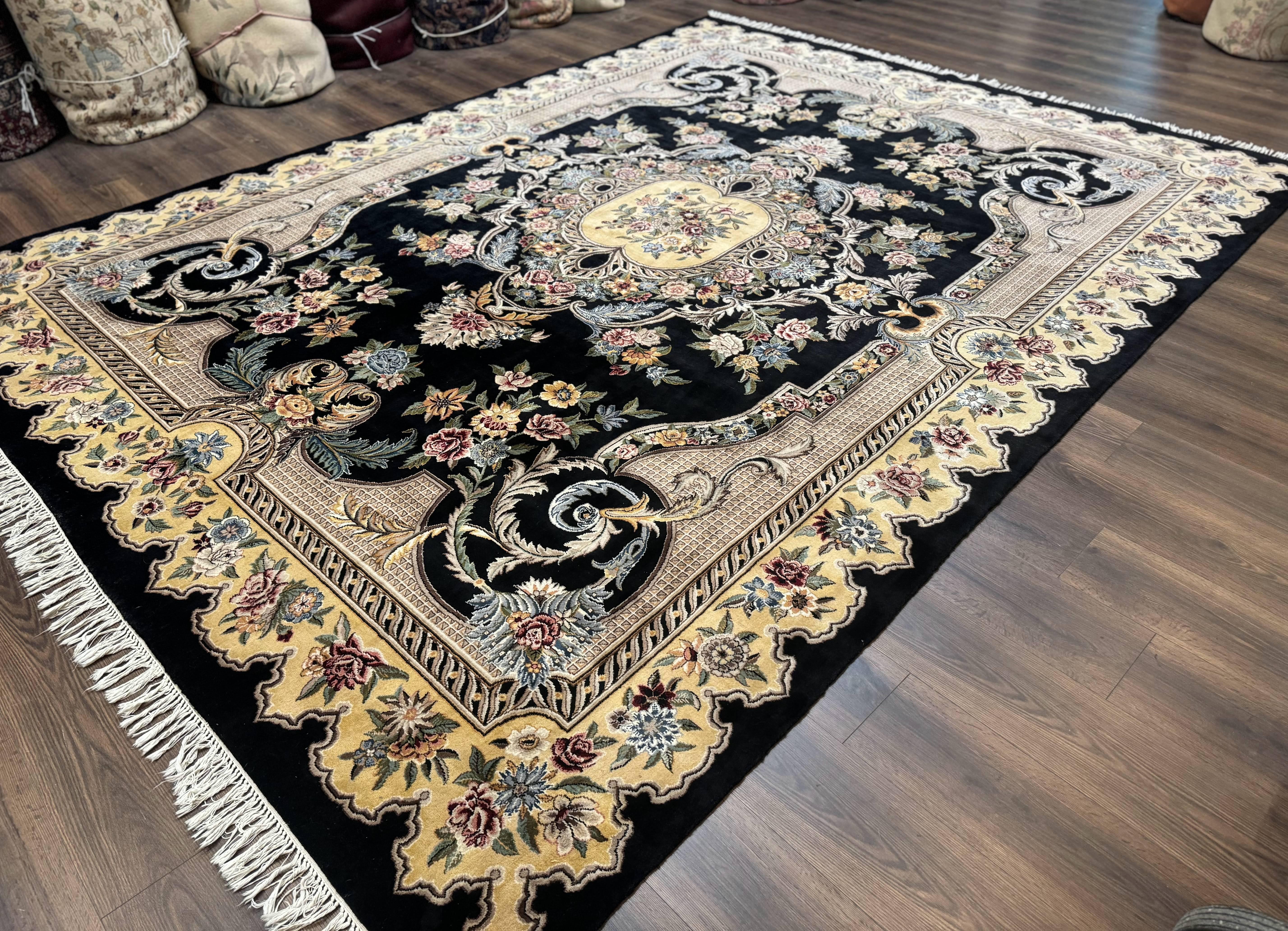 Aubusson Rug 9x12, Black and Beige, Floral, Elegant Handmade French European Design Carpet - Jewel Rugs