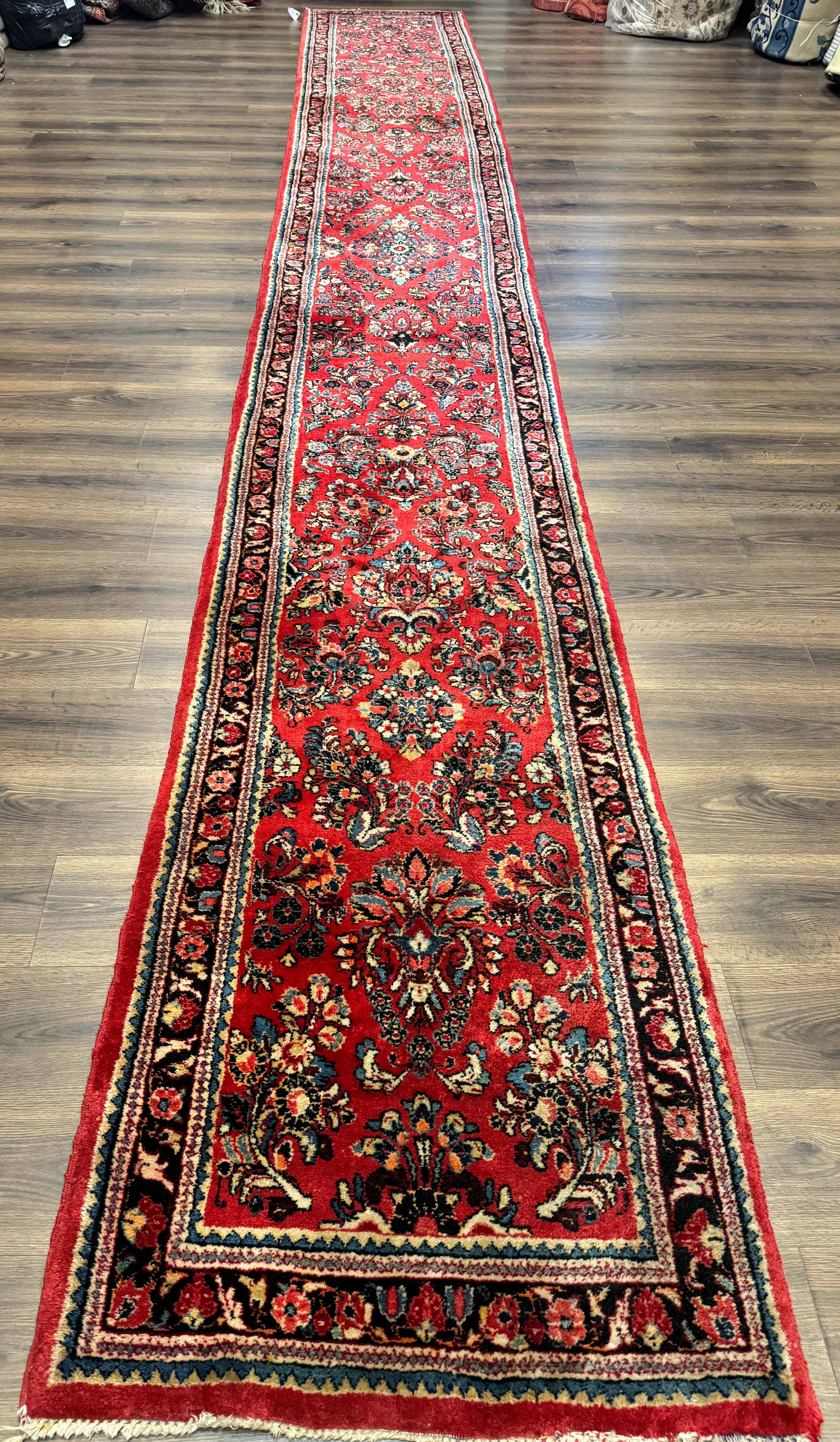 Long Persian Sarouk Runner Rug 2.9 x 21, Rare Size for Long Hallway, Wool, Vintage, Floral, Red - Jewel Rugs