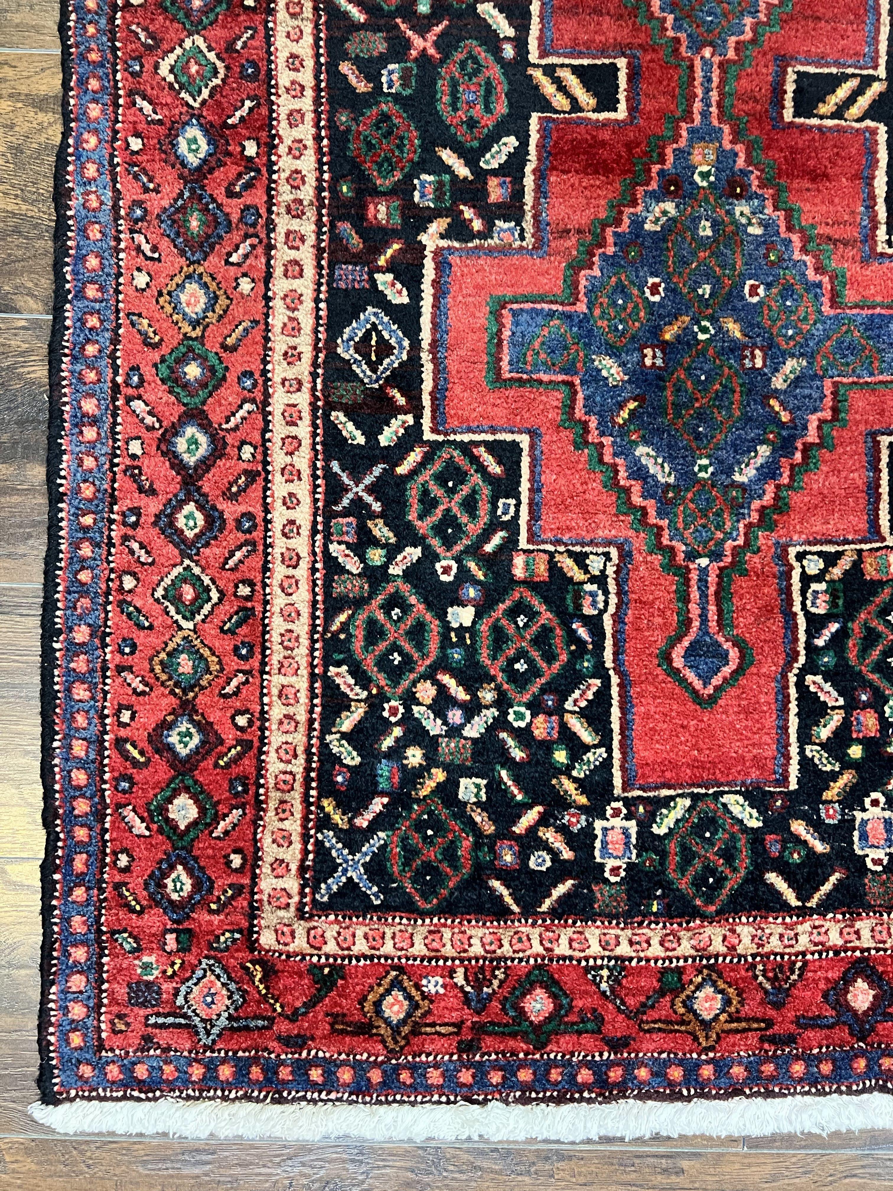 Persian Kurdish Senneh Runner Rug 3x9, Red Navy Blue, Medallions Wool Tribal Runner for Kitchen/Hallway 9ft Antique Handmade Oriental Runner - Jewel Rugs