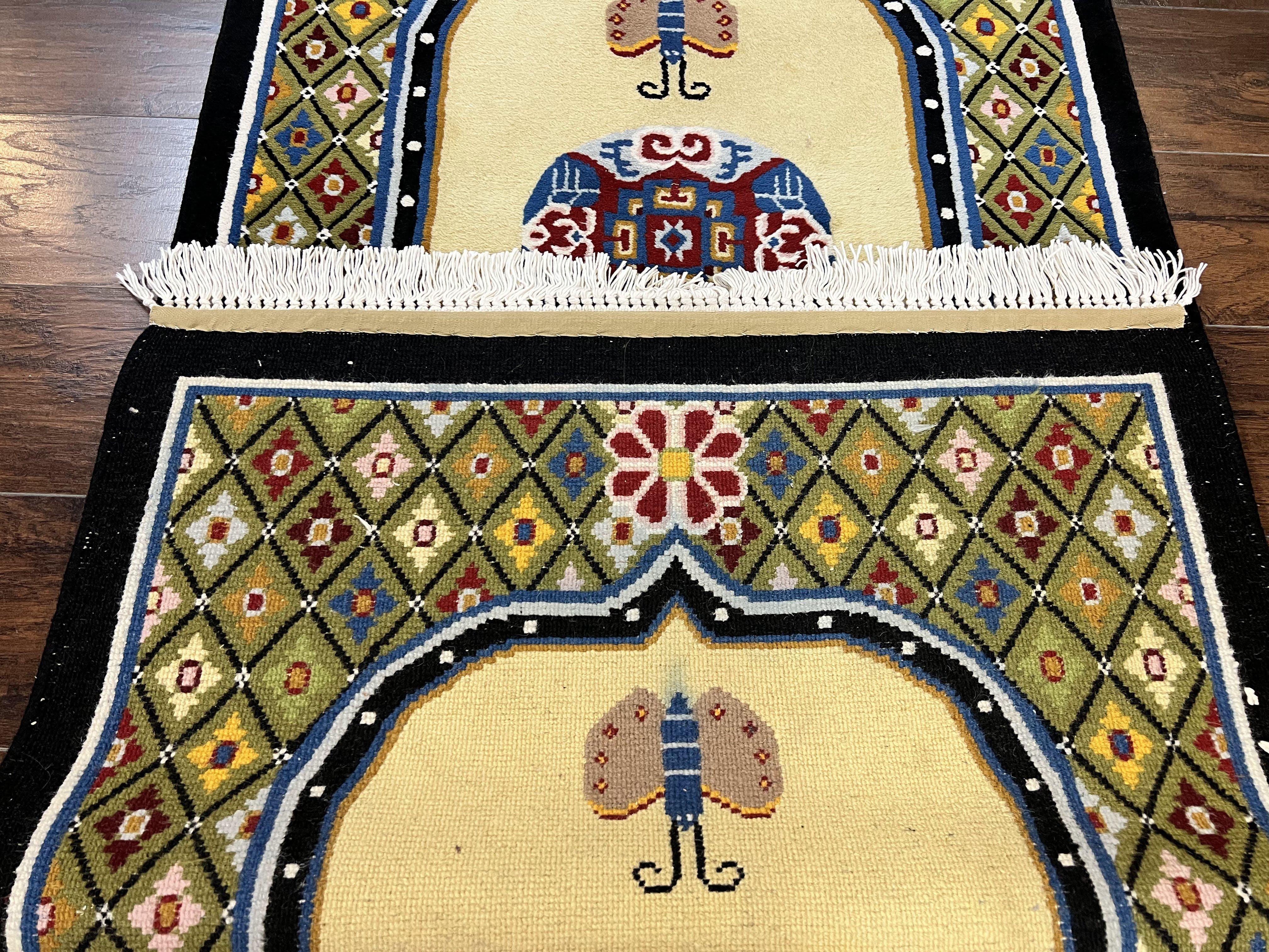 Chinese Rug 3x6 ft, Chinese Wool Rug, Tiensin Rug, Handmade Wool 3 x 6 Vintage Peking Rug, Art Deco Rug, Butterflies - Jewel Rugs