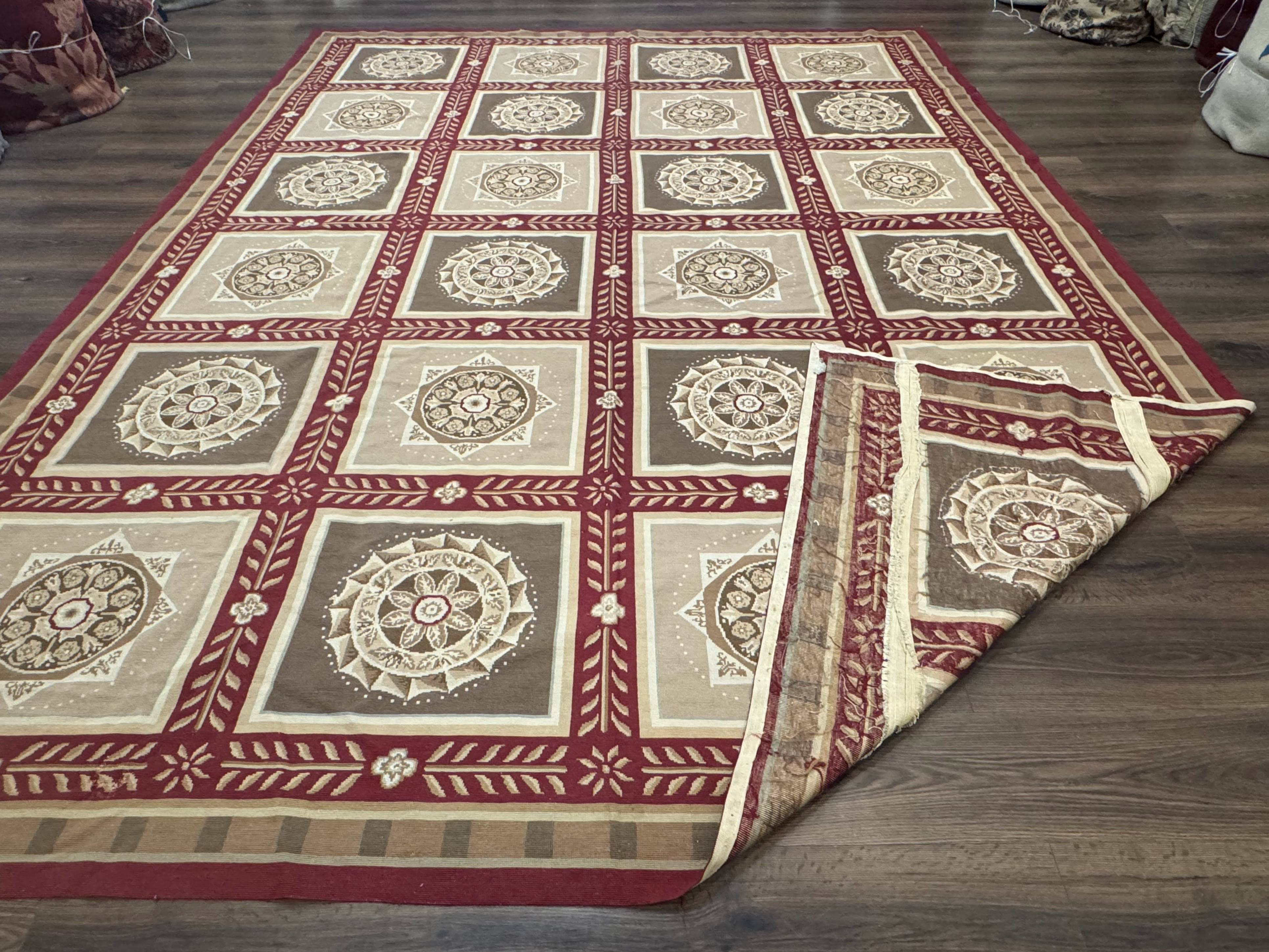 Needlepoint Rug 9x12, Panel Design, Burgundy Taupe, Elegant - Jewel Rugs