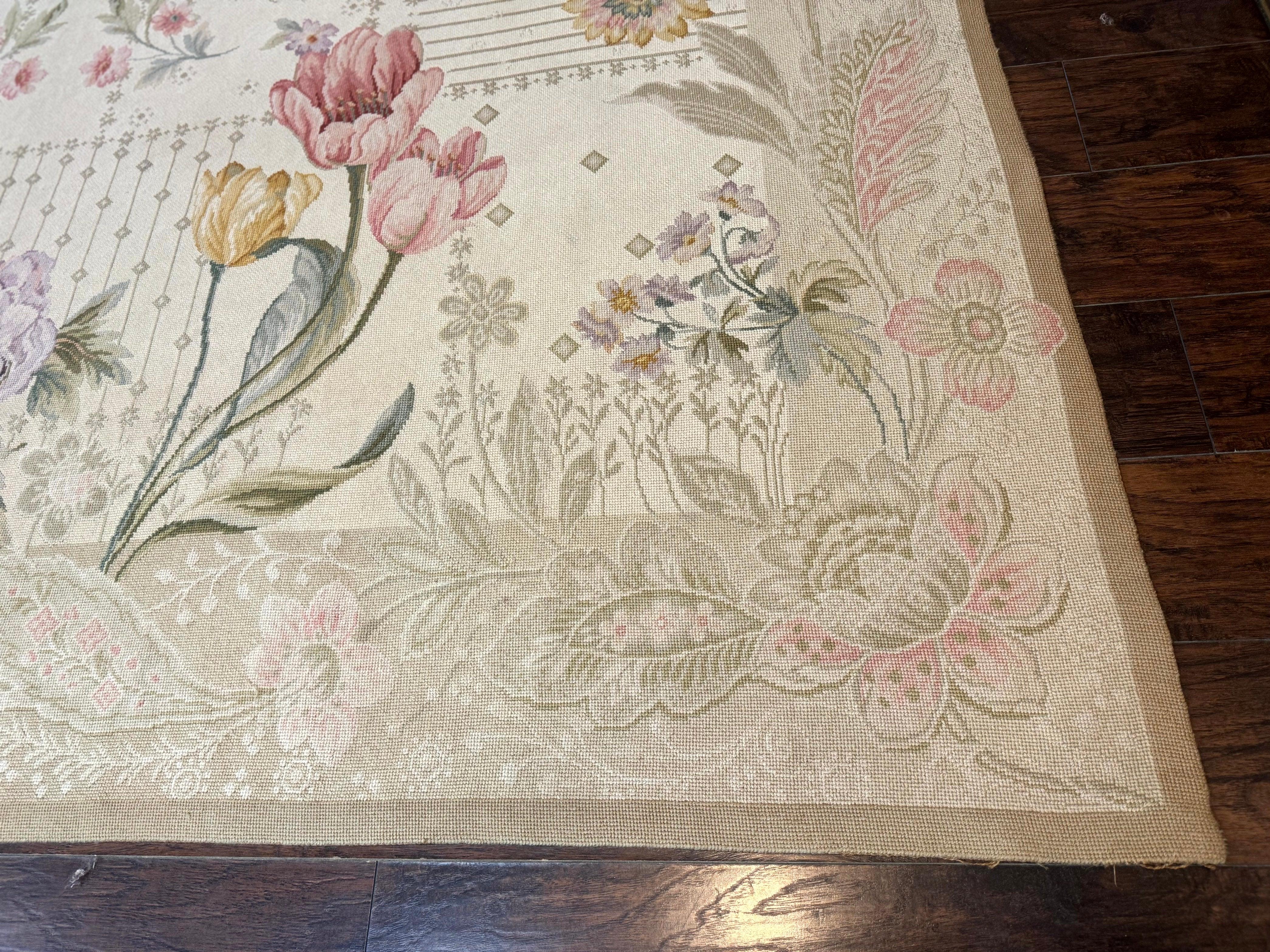 Needlepoint Rug 10x14, Petitepoint Carpet, Floral, Elegant, European Design, Beige Pink Lavender, Large Flowers - Jewel Rugs