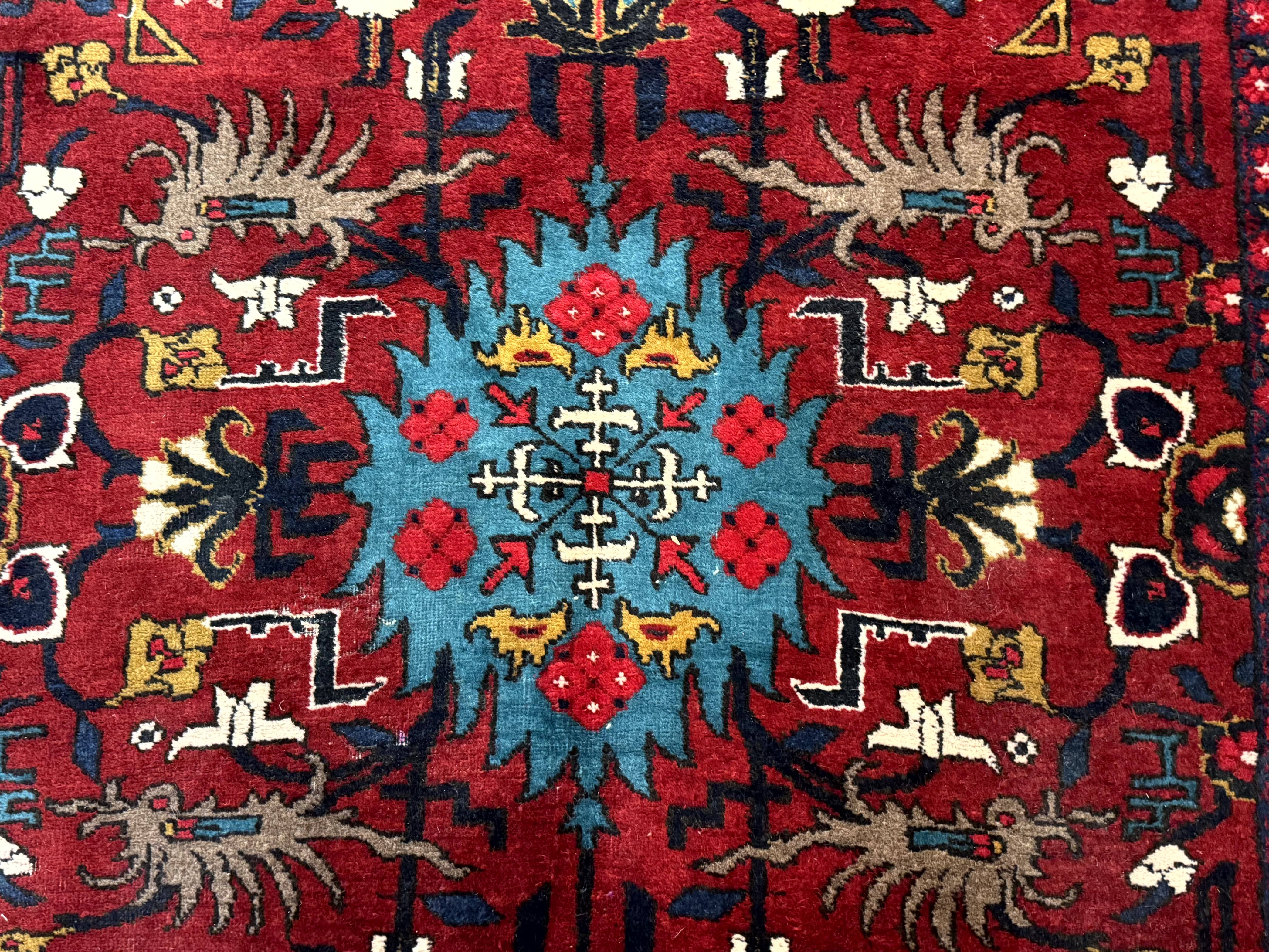 Persian Bakhtiari Rug 4.8 x 11, Wide Tribal Runner, Red Ivory and Blue, Vibrant Colors, Antique, Wool, Rare - Jewel Rugs