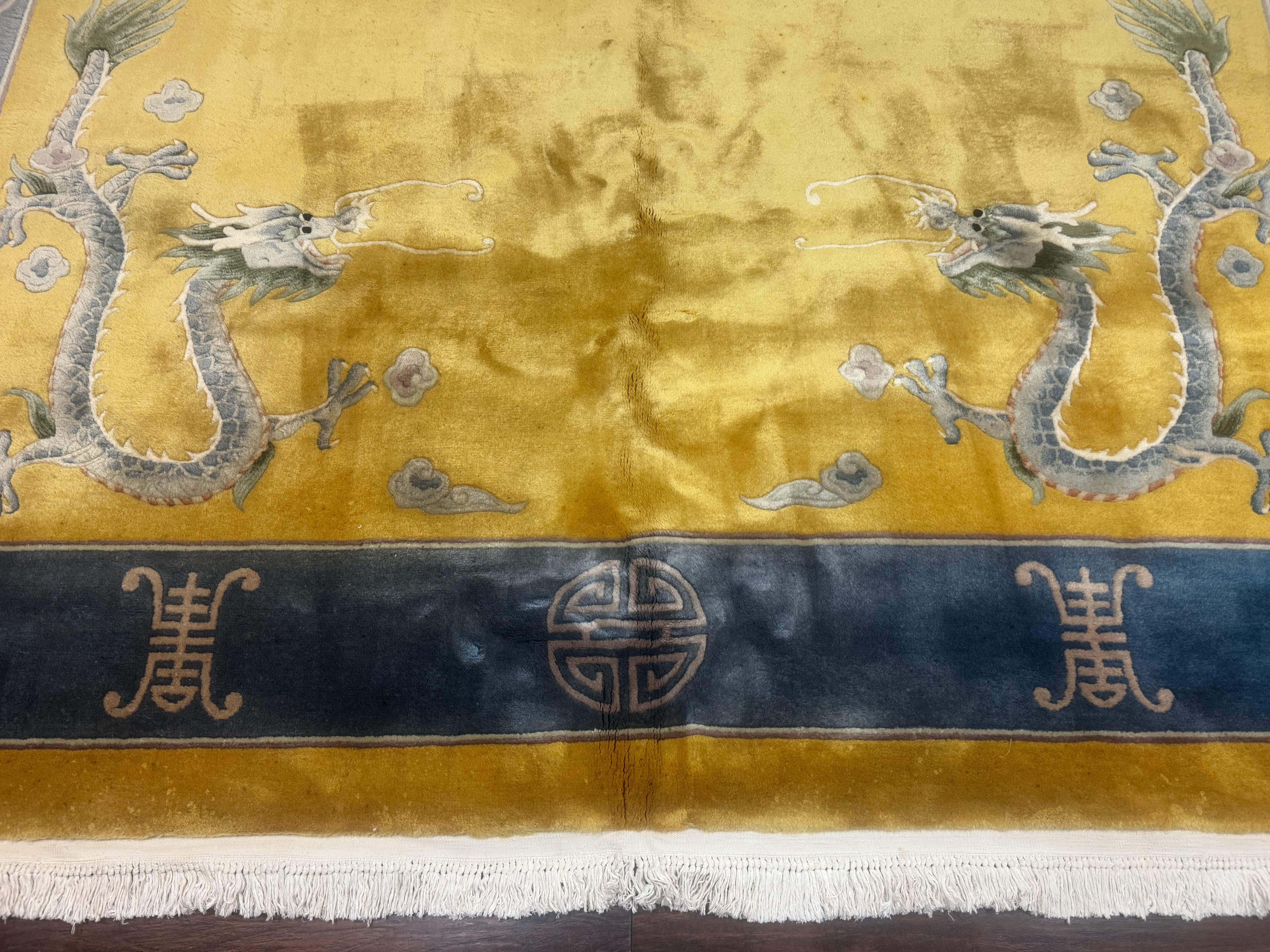 Chinese Wool Rug 9x12, Dragons and Center Medallion, Minimalistic Design, Gold and Light Blue, Peking Rug, 90 Line - Jewel Rugs