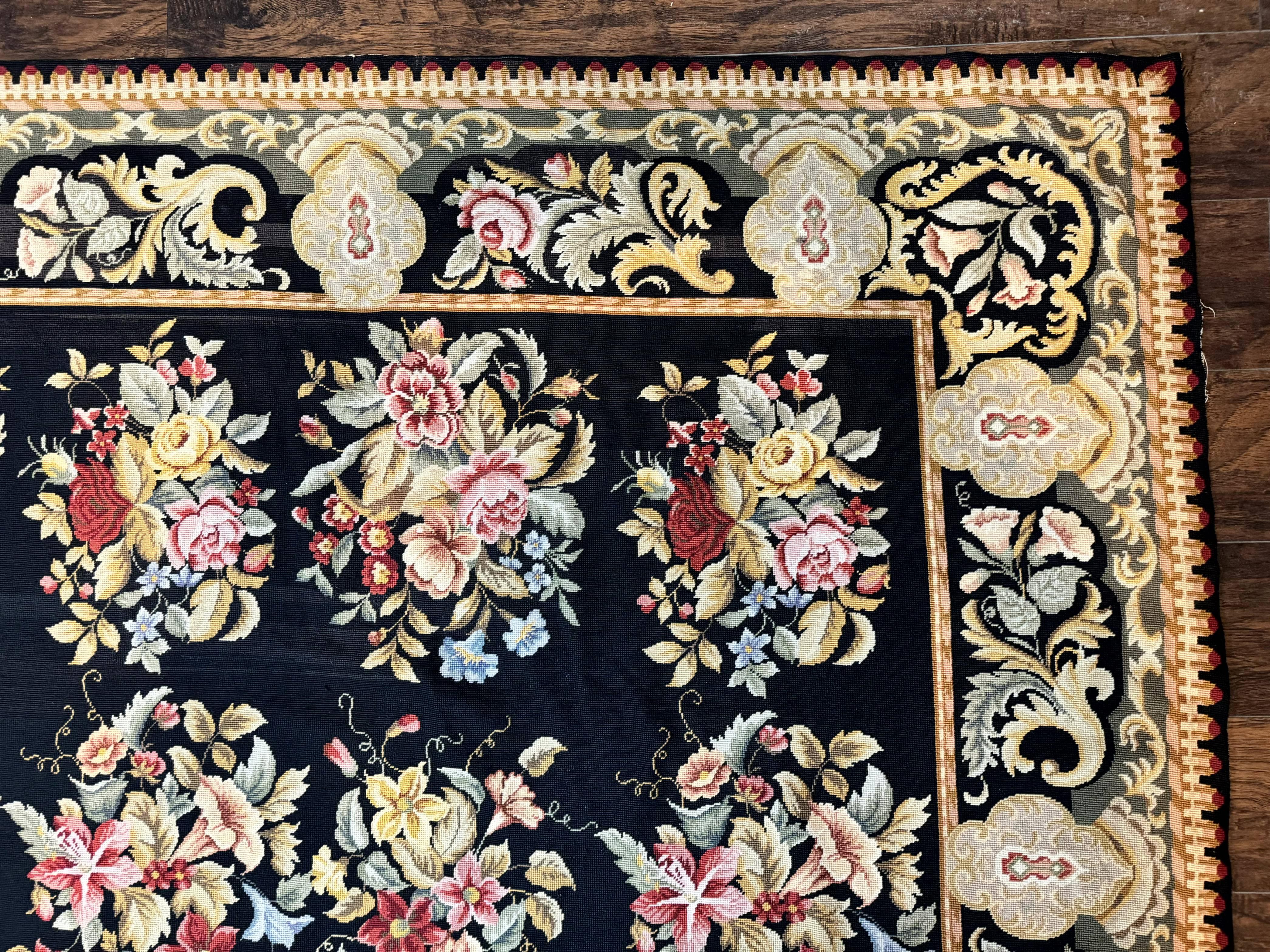 Palace Size Needlepoint Rug 12x16, Black and Colorful, Floral Panel, Handmade Oversized Wool Needlepoint Carpet, Rare - Jewel Rugs
