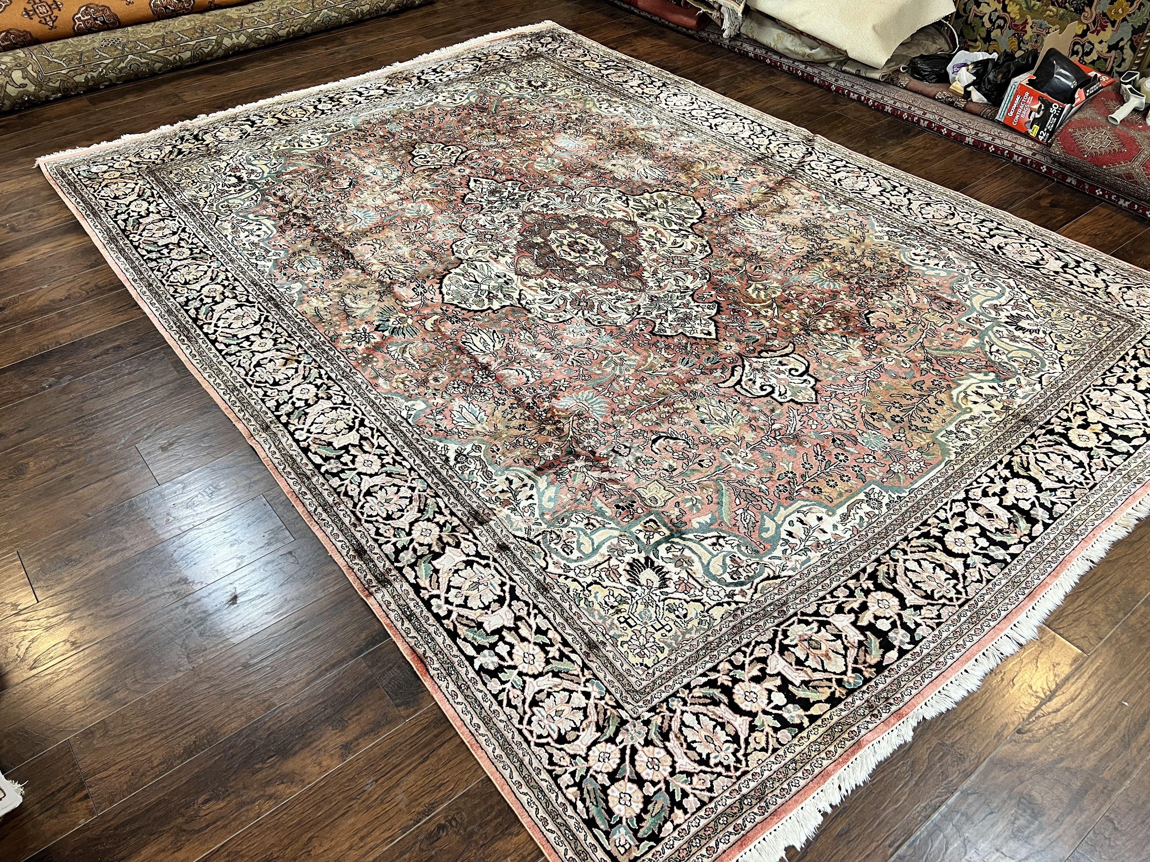 Indian Kashmiri Silk Rug 9x12, Vintage Rug 9 x 12 ft, Salmon Ivory Black Hand-Knotted Silk on Cotton Oriental Floral Carpet, Traditional Rug - Jewel Rugs