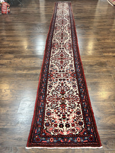 Long Persian Runner Rug 3 x 21 ft, Persian Hamadan Runner, Oriental Rug for Hallway, Wool Handmade Vintage Carpet, Ivory Blue Red, Floral, Rare Size