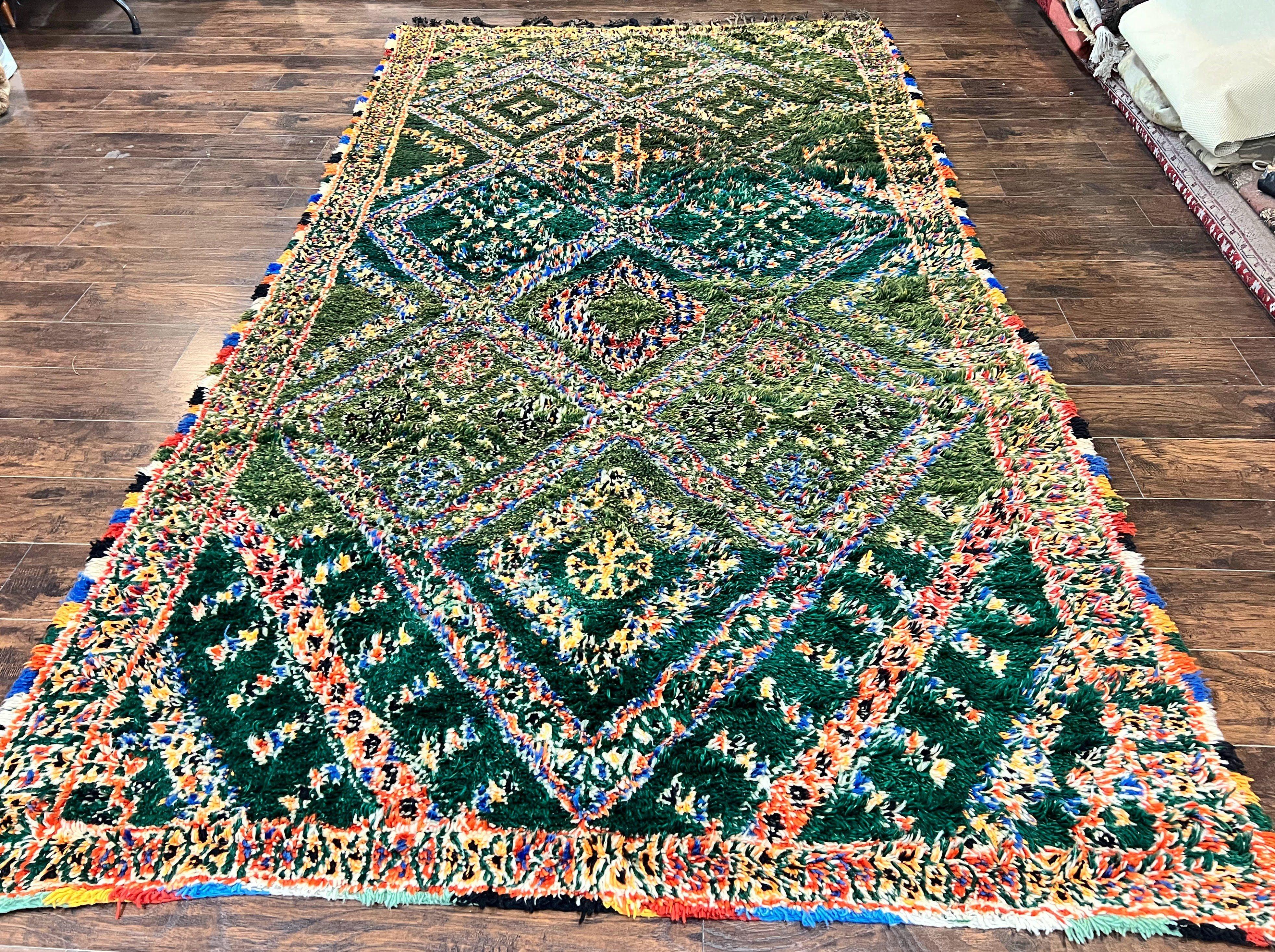 Large Moroccan Shag Rug 6x12, Green Multicolor Colorful Boho Rug, Handmade Hand Knotted Wool Carpet, Geometric Design, Vintage Rug - Jewel Rugs