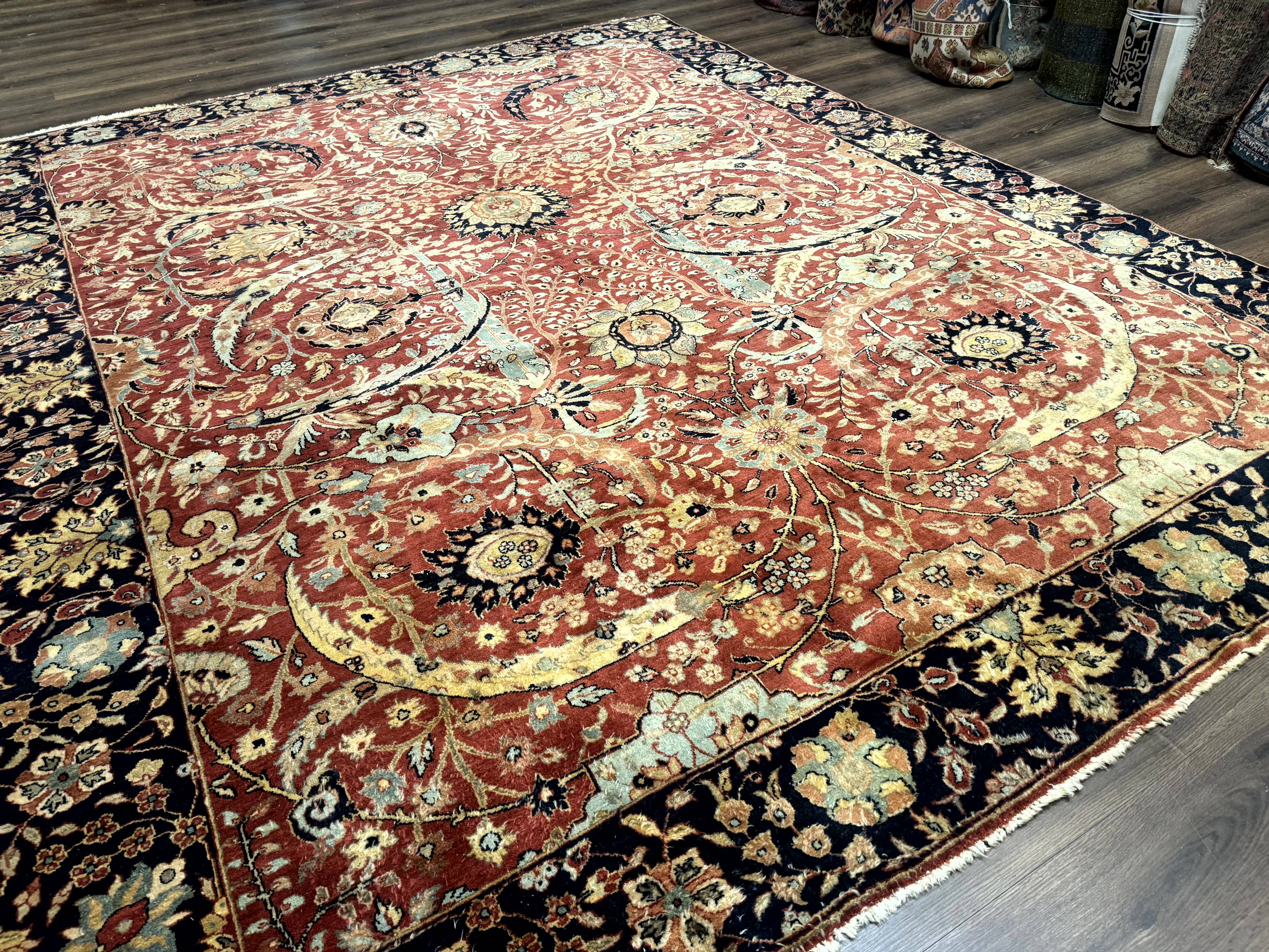 Indian Agra Rug 9x11, Terracotta and Navy Blue, Sickle Leaf Rug - Jewel Rugs