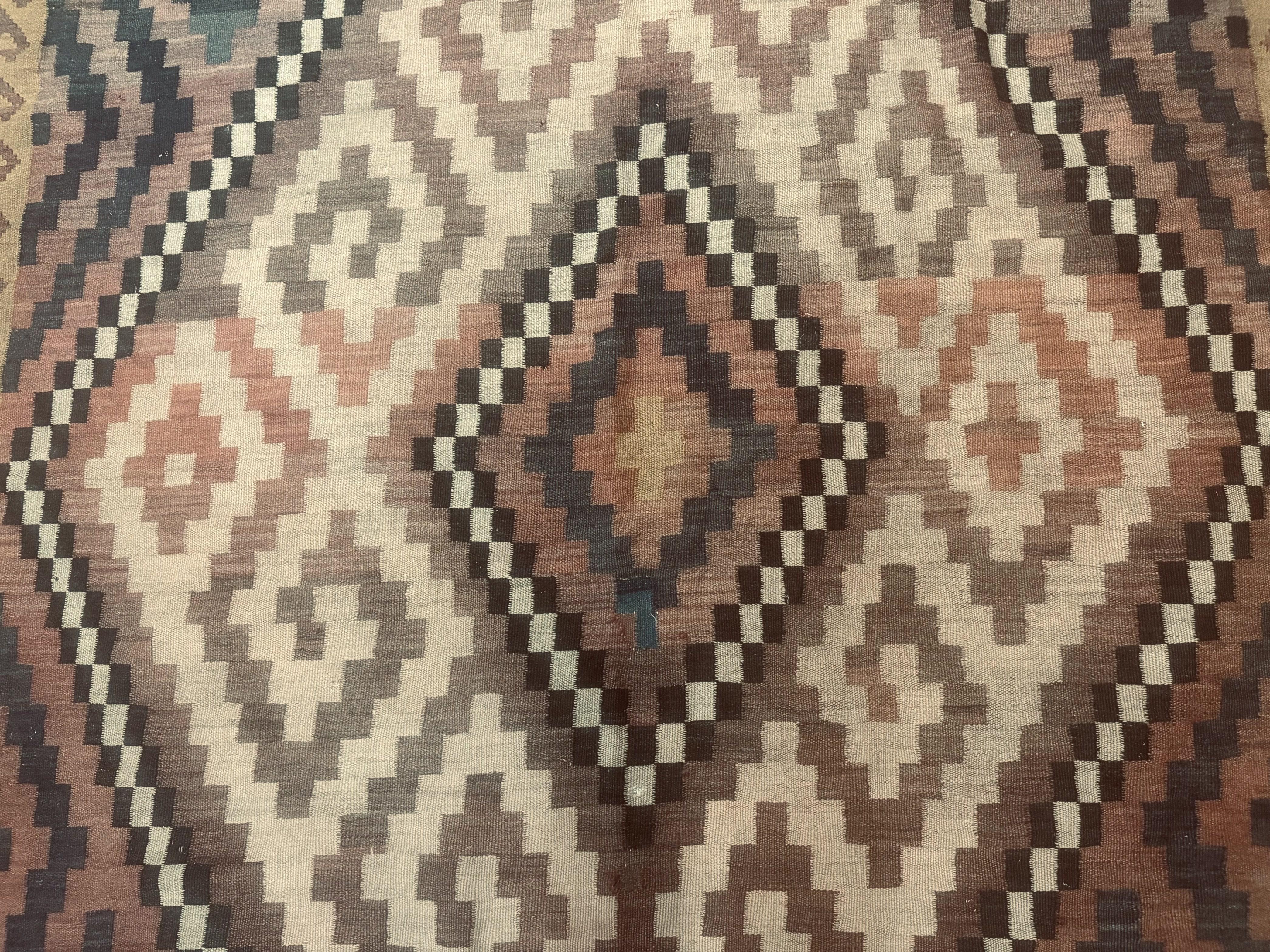 Antique Persian Tribal Kilim Rug 9x12, Zig Zag Pattern Kilim, Zarand Rug, Wool, Earth Tone Colors - Jewel Rugs