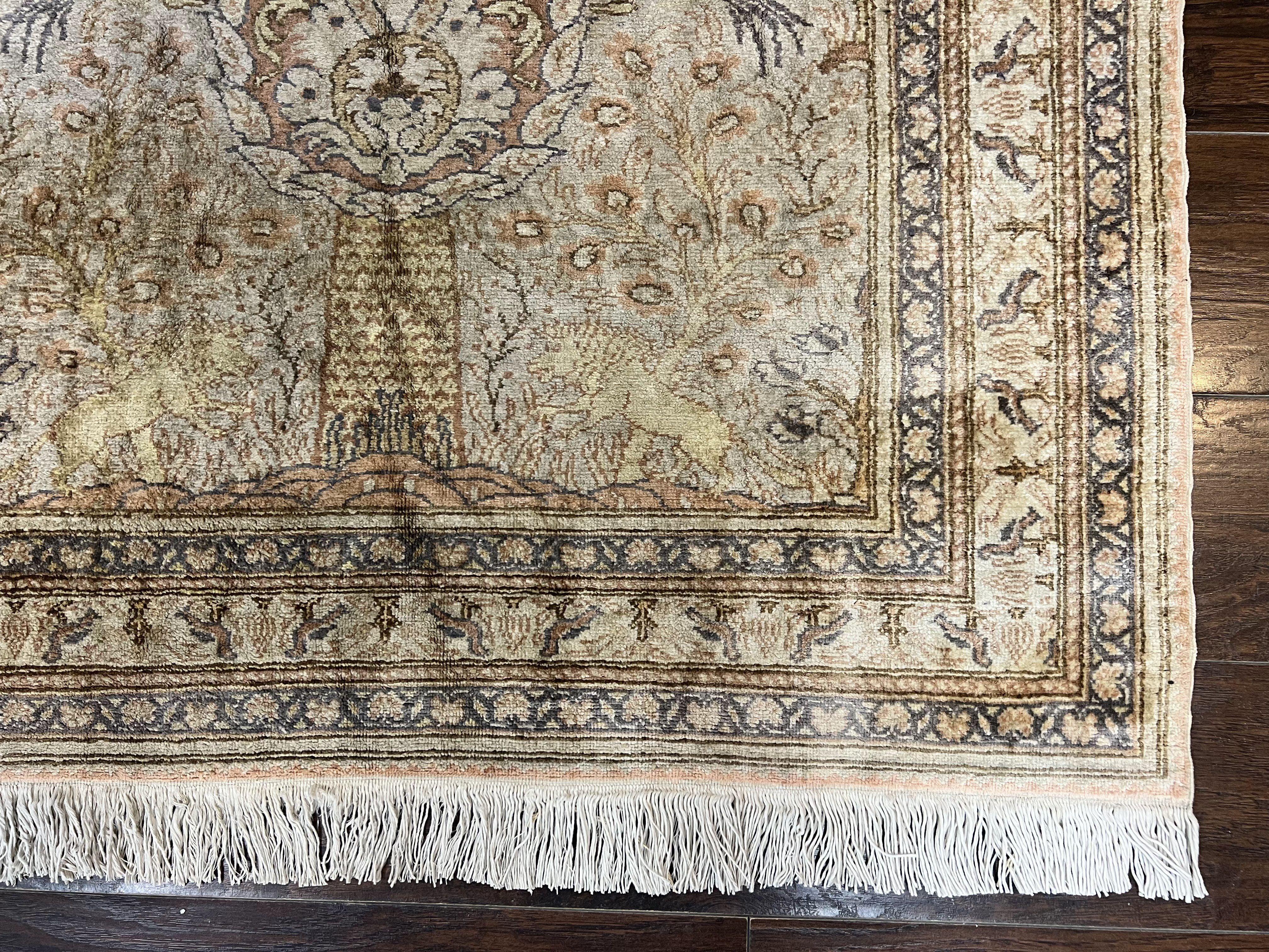 Turkish Kayseri Silk Rug 4x6, Tree of Life Pattern, Vintage Handmade Hand Knotted Carpet, Animal Pictorials, Birds - Jewel Rugs