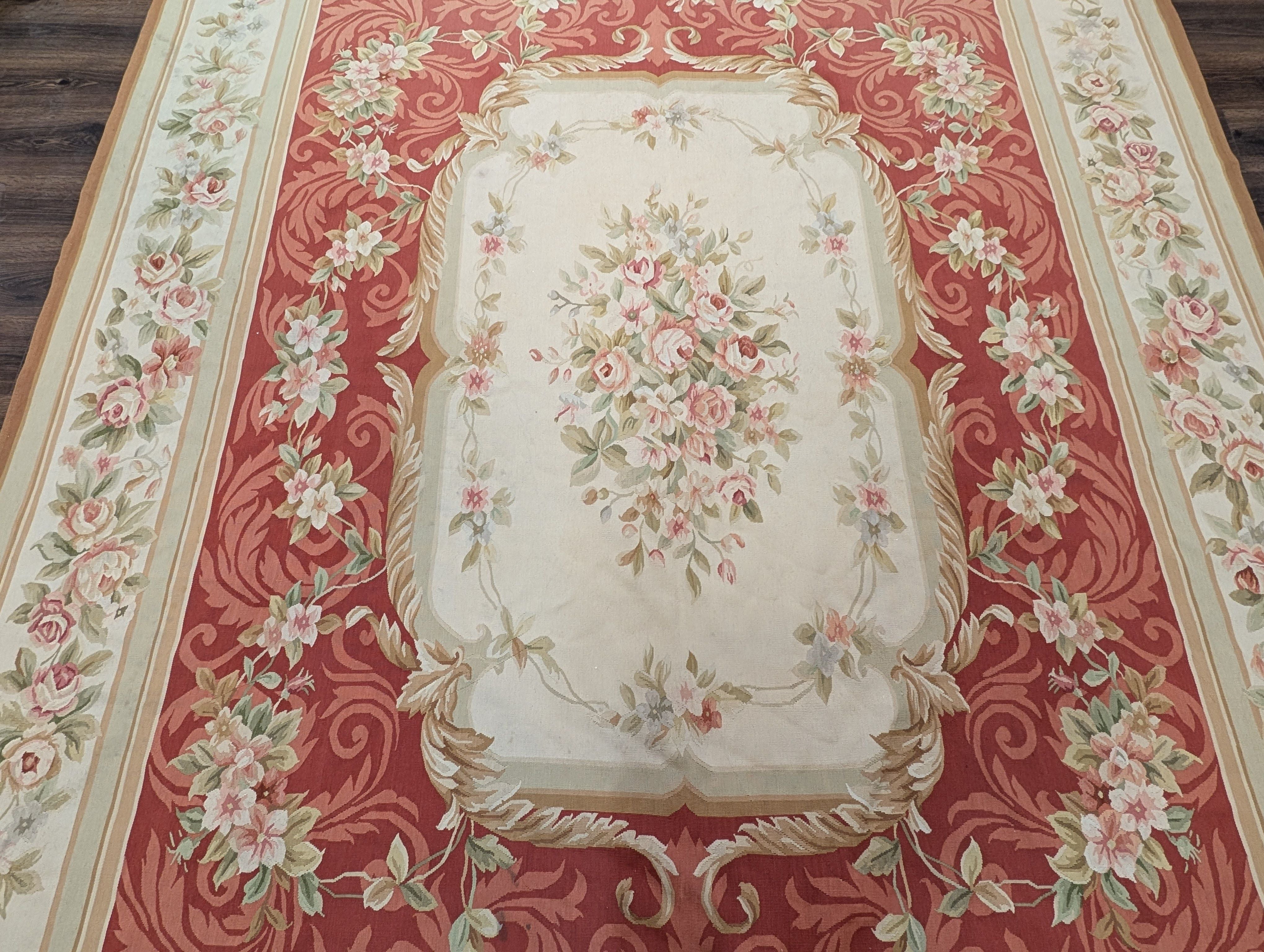 Aubusson Rug 9x12, Red and Ivory, Handwoven French European Floral Carpet - Jewel Rugs