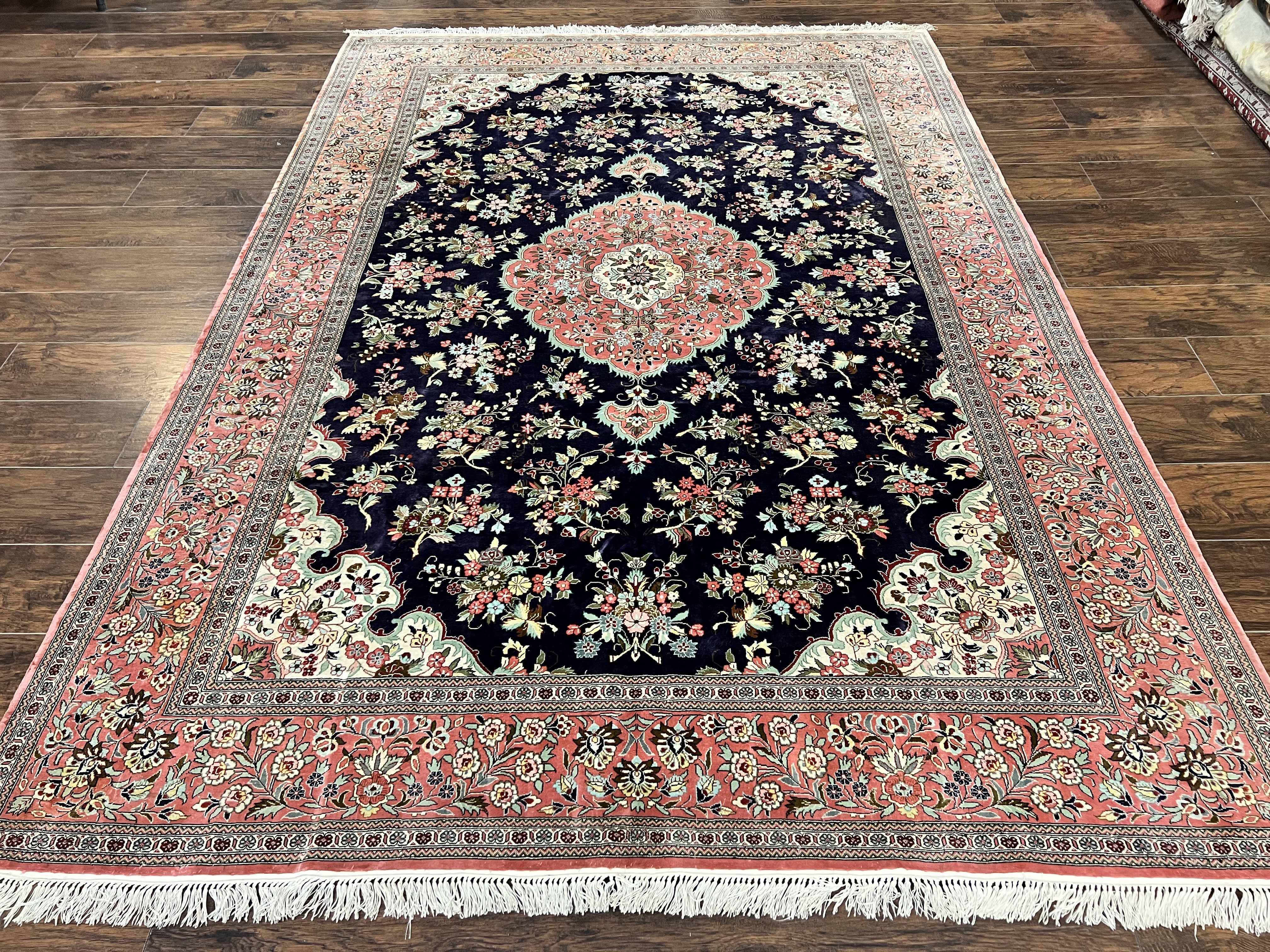 Stunning Silk Persian Qum Rug 7x9, Finely Hand Knotted Navy Blue & Salmon Floral Medallion Authentic Oriental Carpet, Vintage Handmade Silk Ghom Rug, Silk on Silk - Jewel Rugs