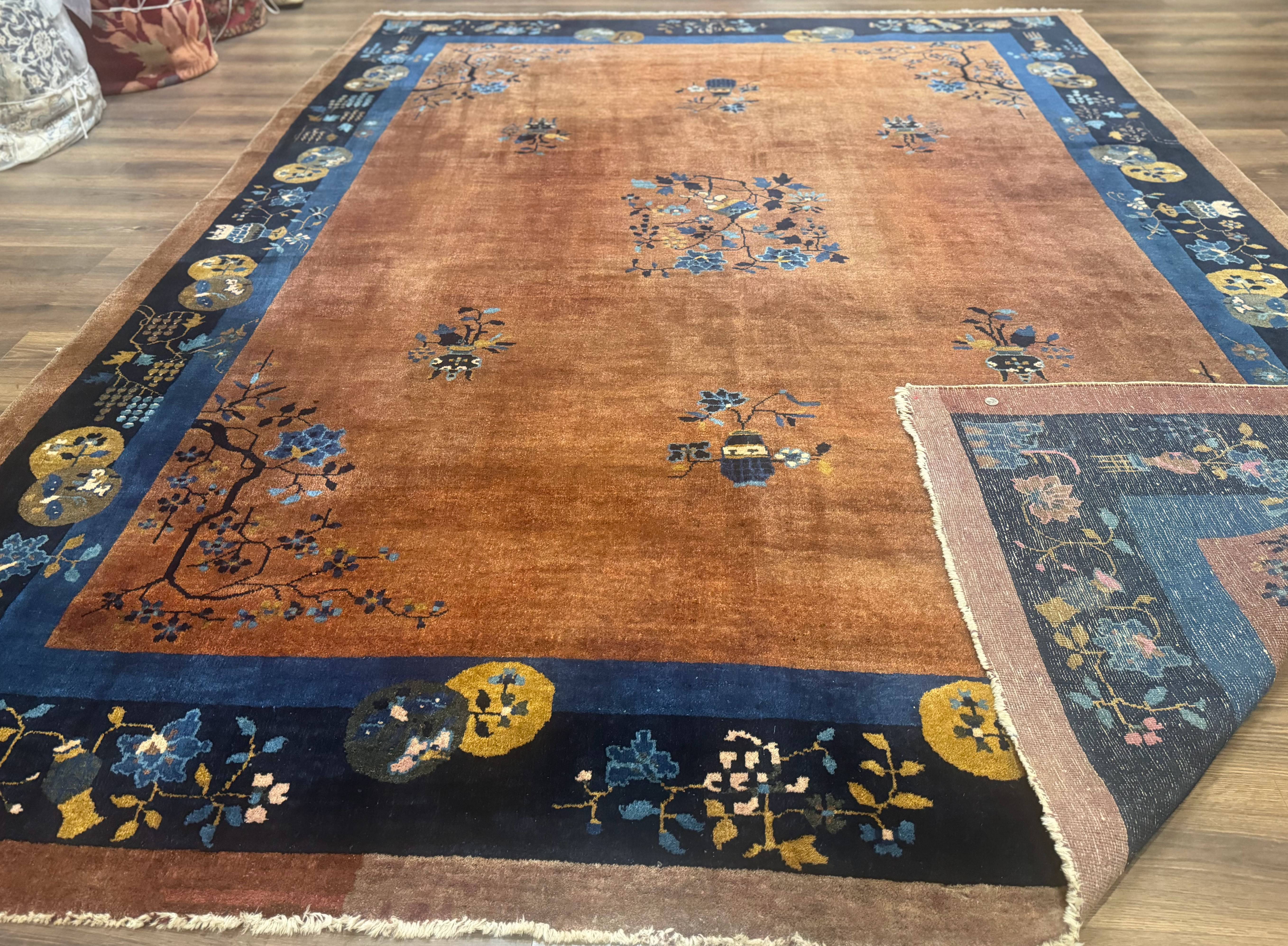 Antique Chinese Wool Rug 9x12, Light Brown and Navy Blue, Fete Peking Art Deco - Jewel Rugs