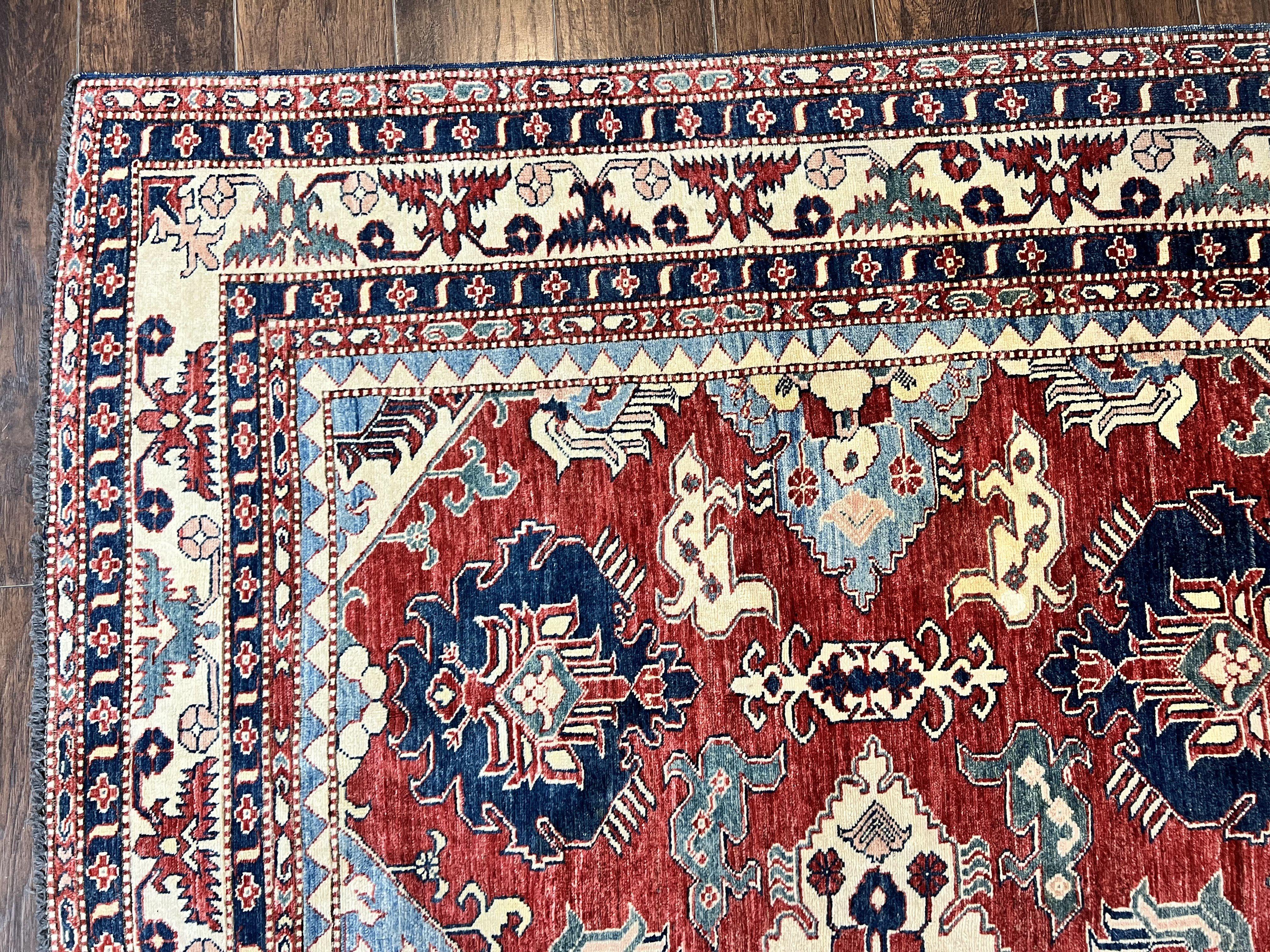 Turkish Heriz Rug 7x10, Wool Hand Knotted Handmade Room Sized Oriental Carpet, Red & Ivory, Vintage Geometric Oriental Rug 7 x 10 ft - Jewel Rugs