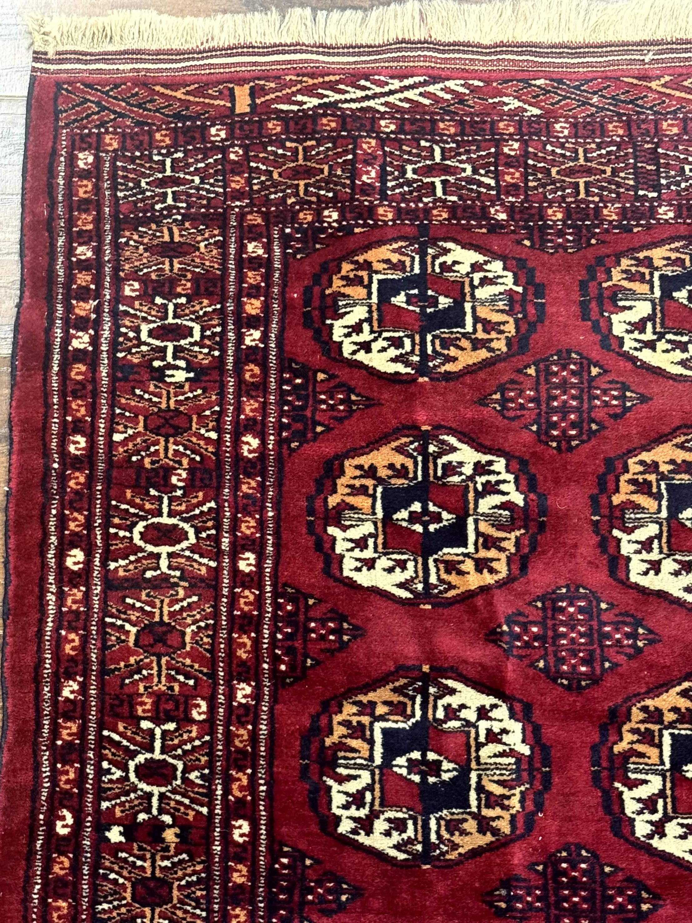 Persian Turkoman Rug 3x4 – Raspberry Red and Ivory, Handmade Wool Vintage Carpet - Jewel Rugs
