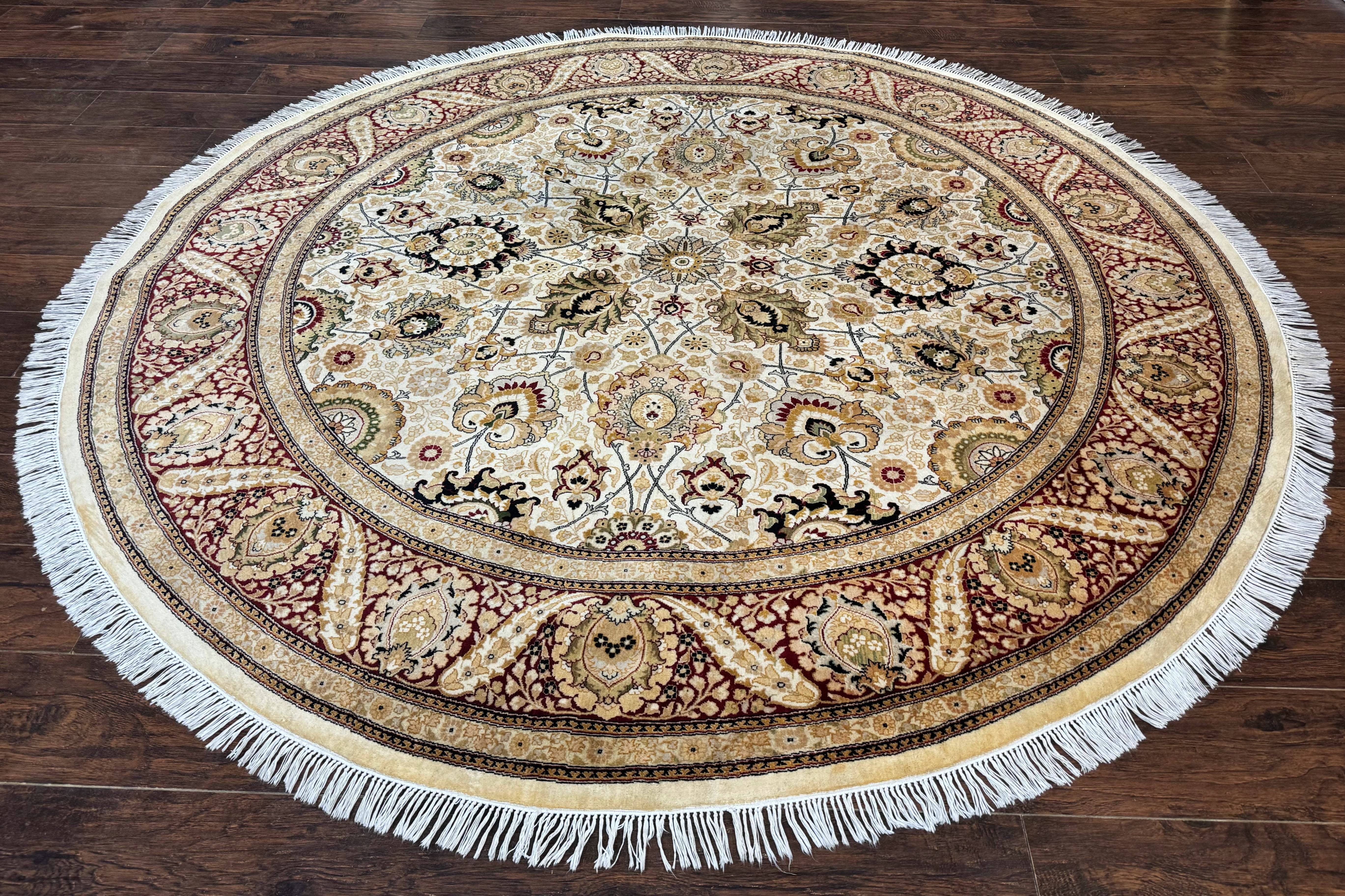 Round Pak Persian Rug 8x8, Vintage Handmade Wool Traditional Carpet, Beige Dark Red, Fine 270 KPSI - Jewel Rugs