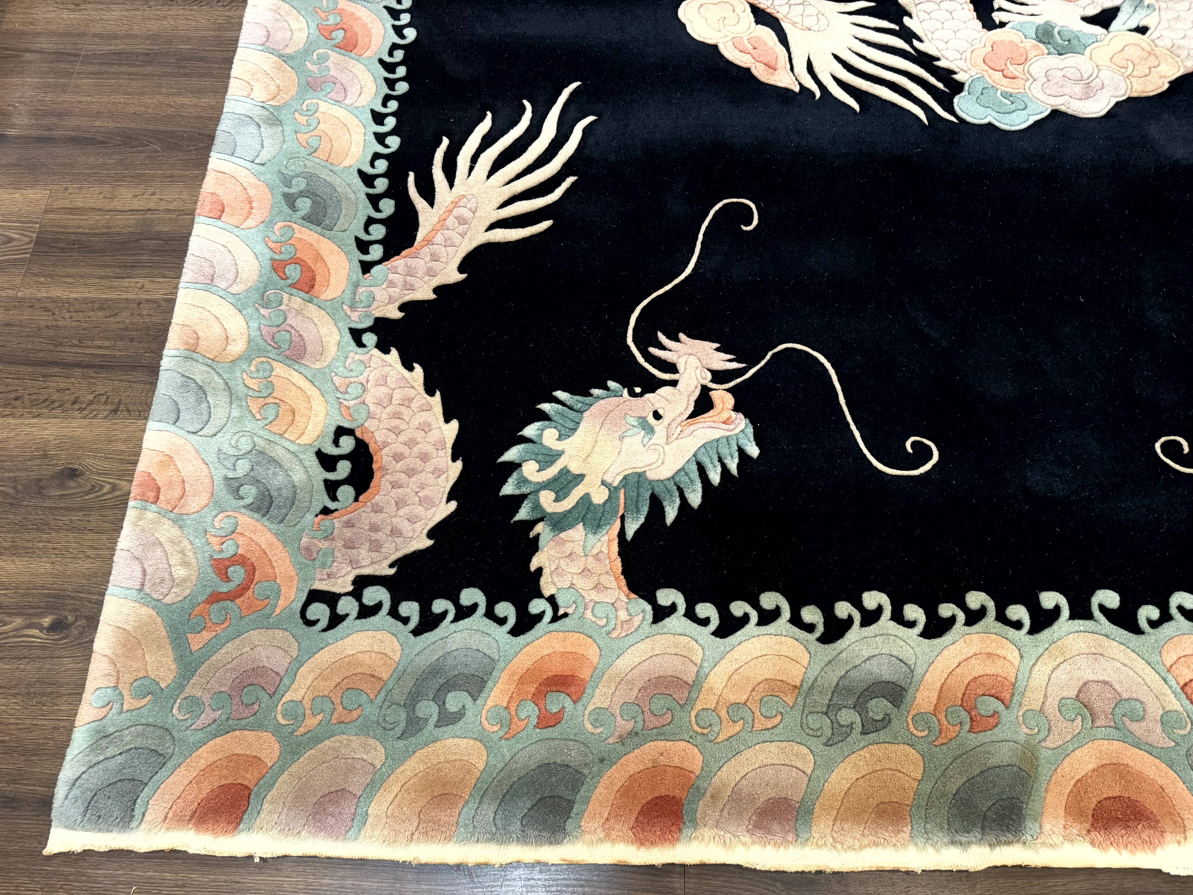 Black Chinese Wool Rug 8x10 with Dragons, Rainbow Borders, Rare - Jewel Rugs