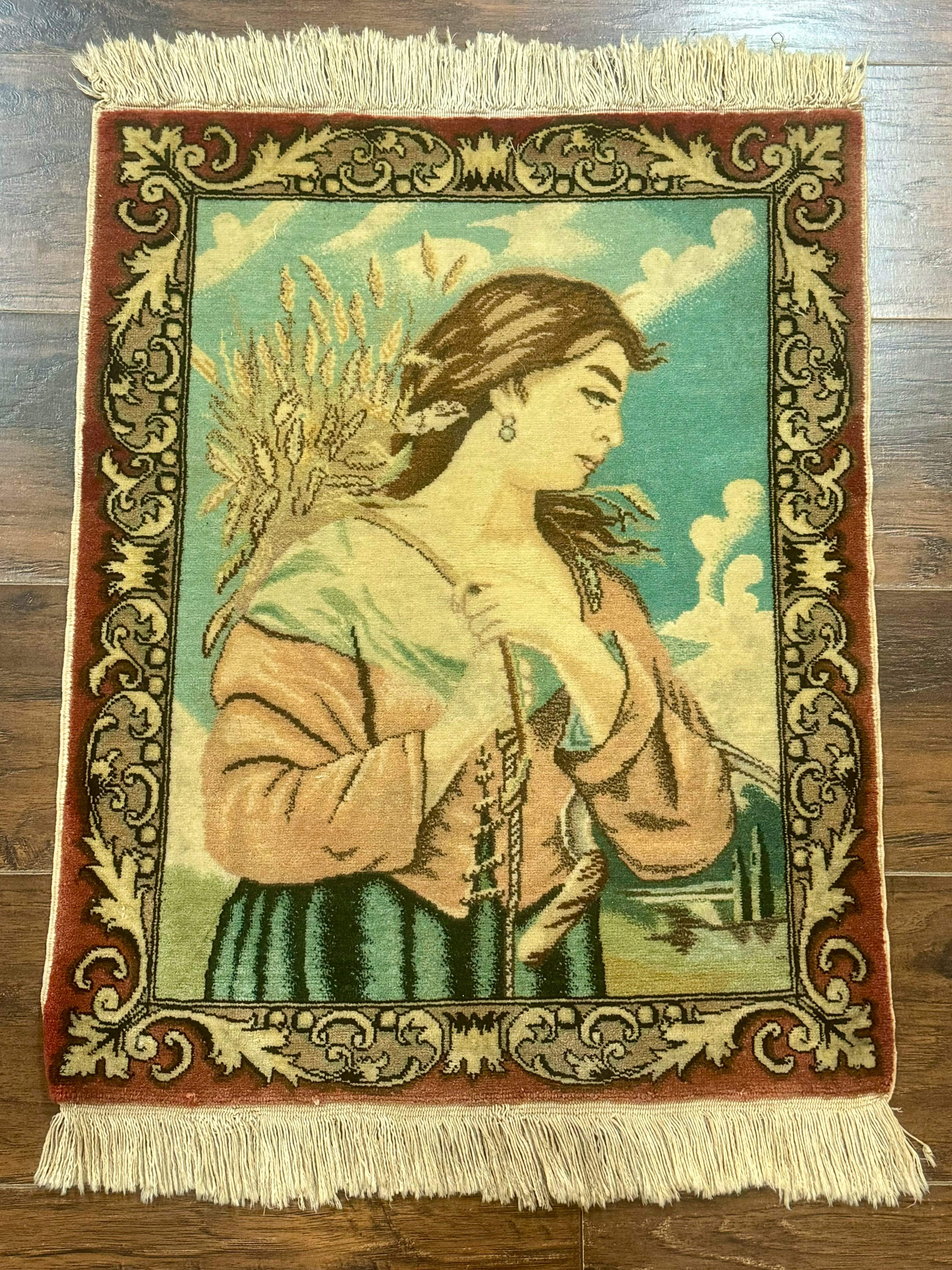 Persian Tabriz Pictorial Rug, Young Lady with Wheat, Very Fine, Wool, Wall Hanging Rug - Jewel Rugs