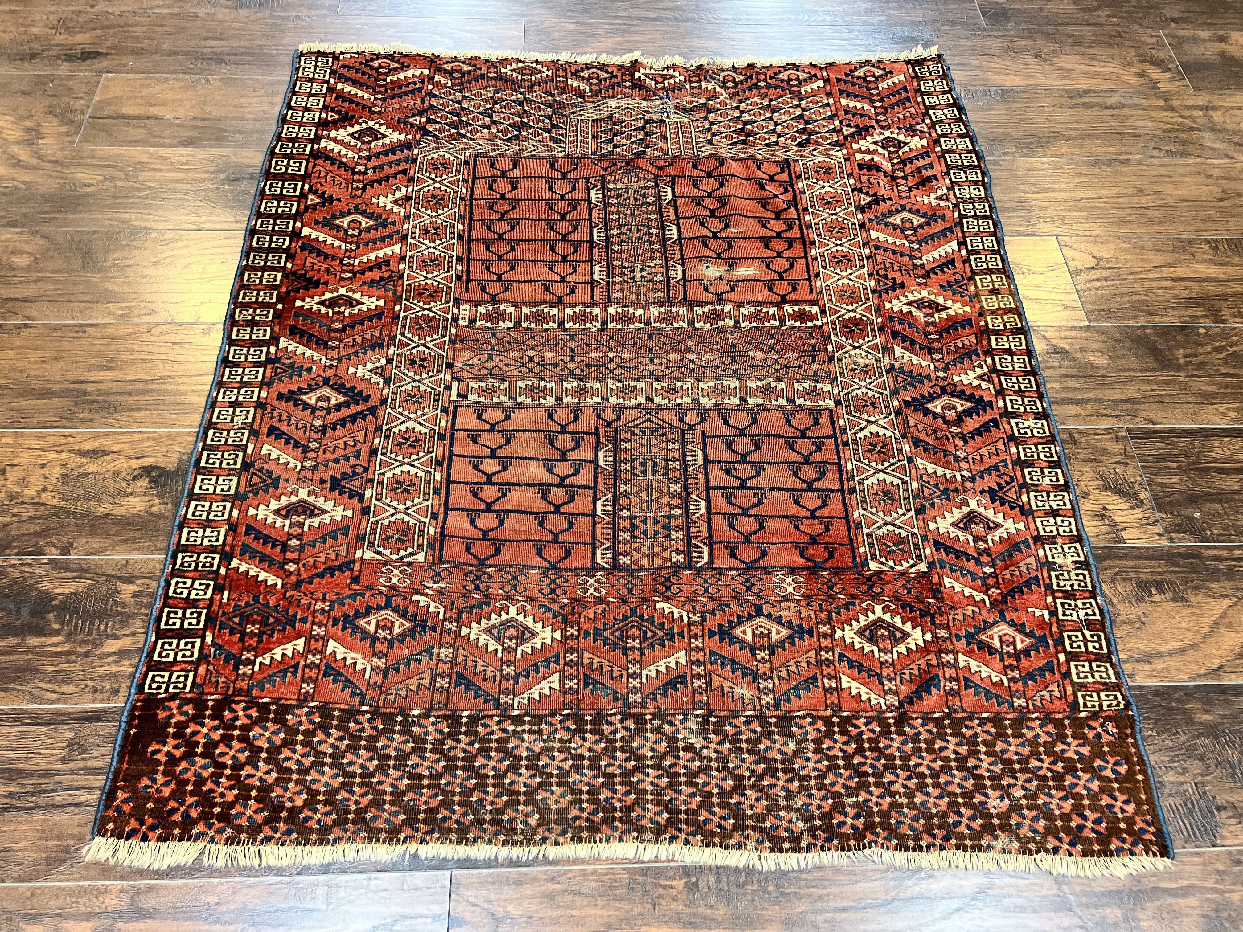 Antique Turkoman Rug 4x4, Hatchli Square Carpet, Wool Handmade Four Season Yamud Design Rug, Red Bohemian Tribal Rug, Engsi Tekkeh Rug - Jewel Rugs