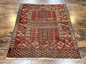 Antique Turkoman Rug 4x4, Hatchli Square Carpet, Wool Handmade Four Season Yamud Design Rug, Red Bohemian Tribal Rug, Engsi Tekkeh Rug
