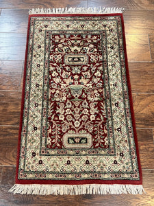 Small Pak Persian Kirman Rug 2x3, Floral Vase Design, Red and Beige, Hand Knotted Handmade Vintage Traditional Wool Oriental Carpet 2 x 3