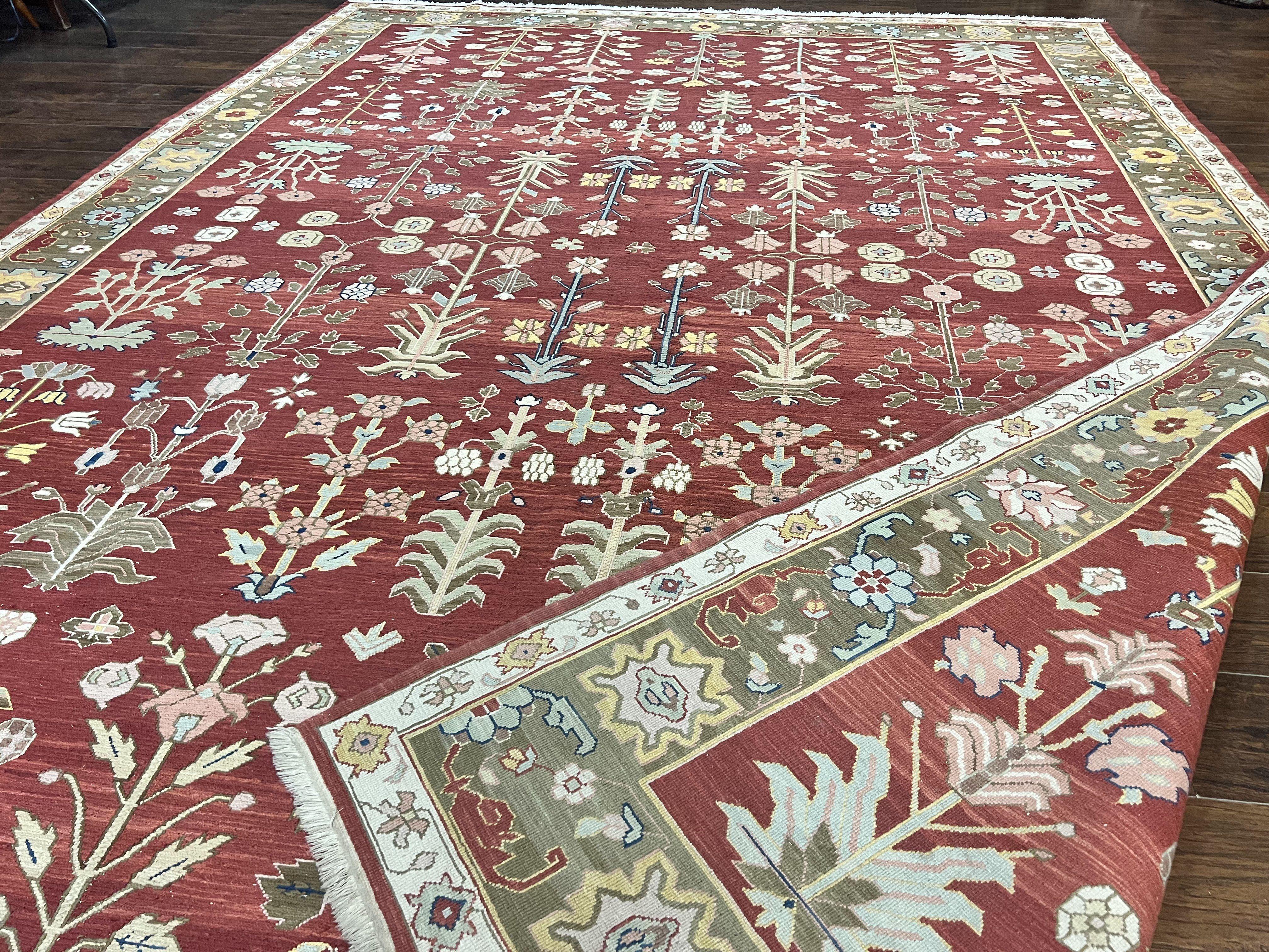 Indian Rug 10x14, Wool Hand Knotted Flatweave Carpet, Tree of Life, Red and Green - Jewel Rugs