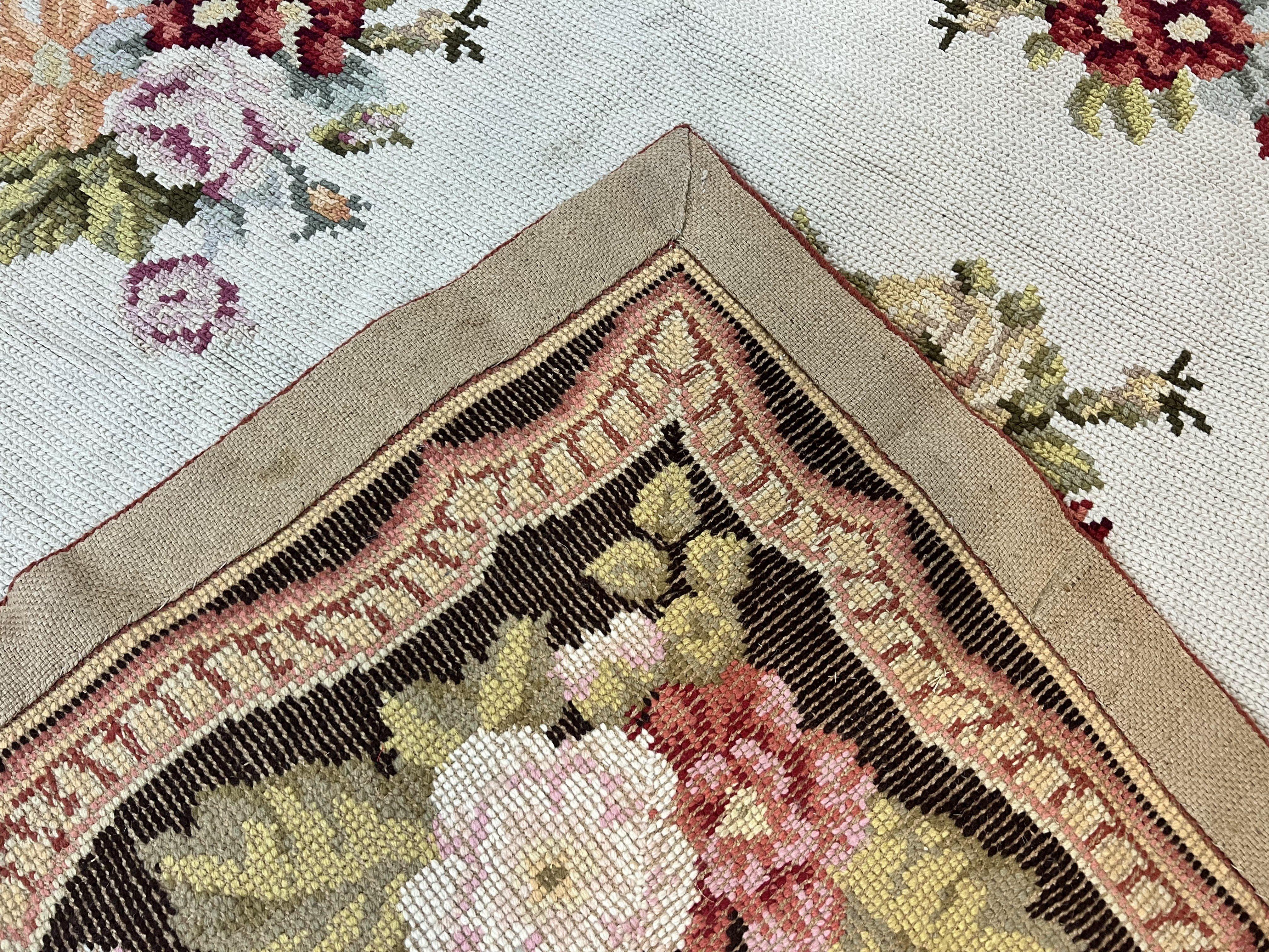 Portuguese Needlepoint Rug 8x9, Vintage Rug 8 x 9 ft, Ivory Dark Brown Hand-Woven Wool Portuguese Carpet, European Rug - Jewel Rugs