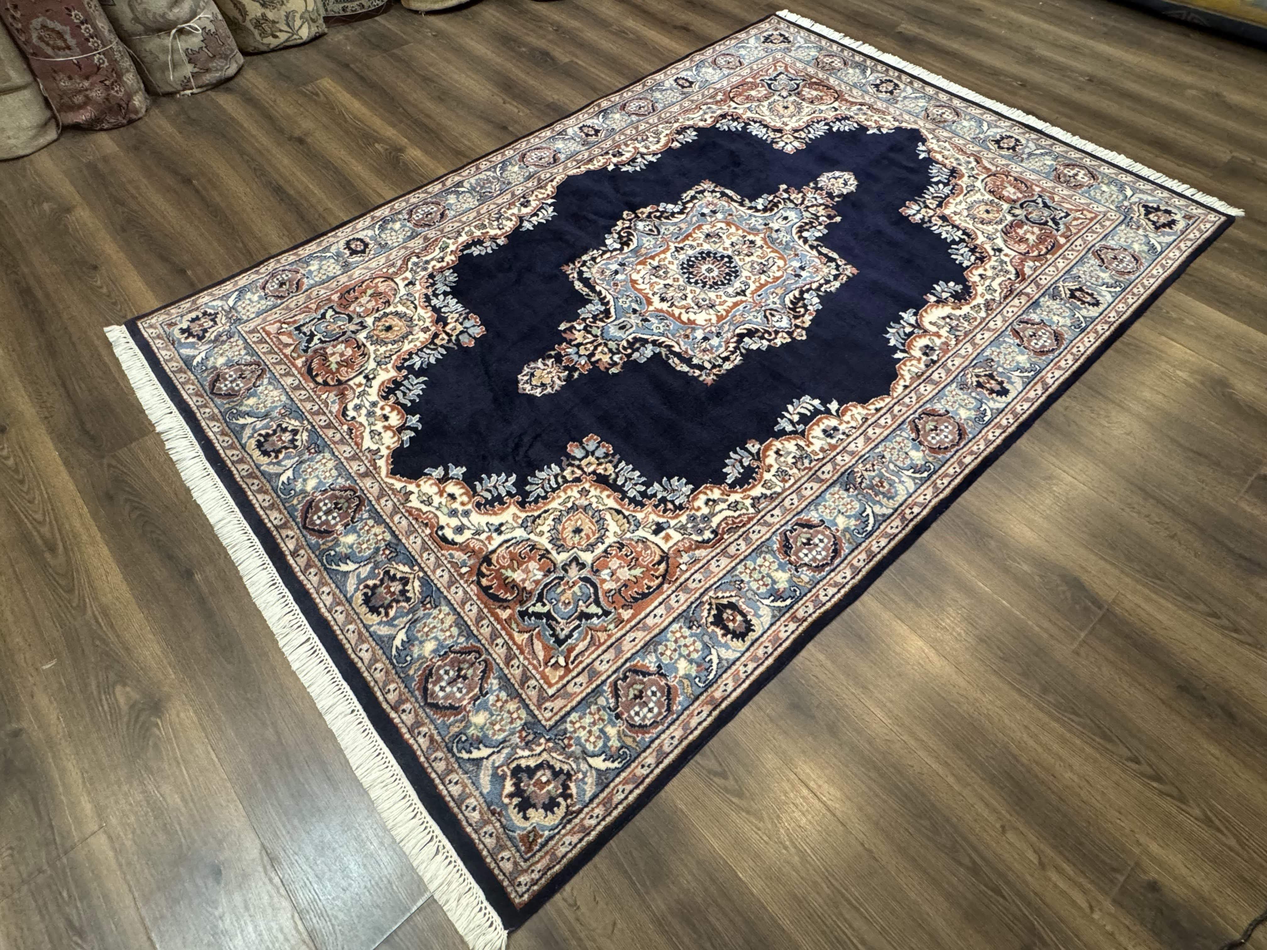 Indo Persian Kerman Rug 6x9 – Navy and Light Blue Hand-Knotted Wool Vintage Carpet - Jewel Rugs