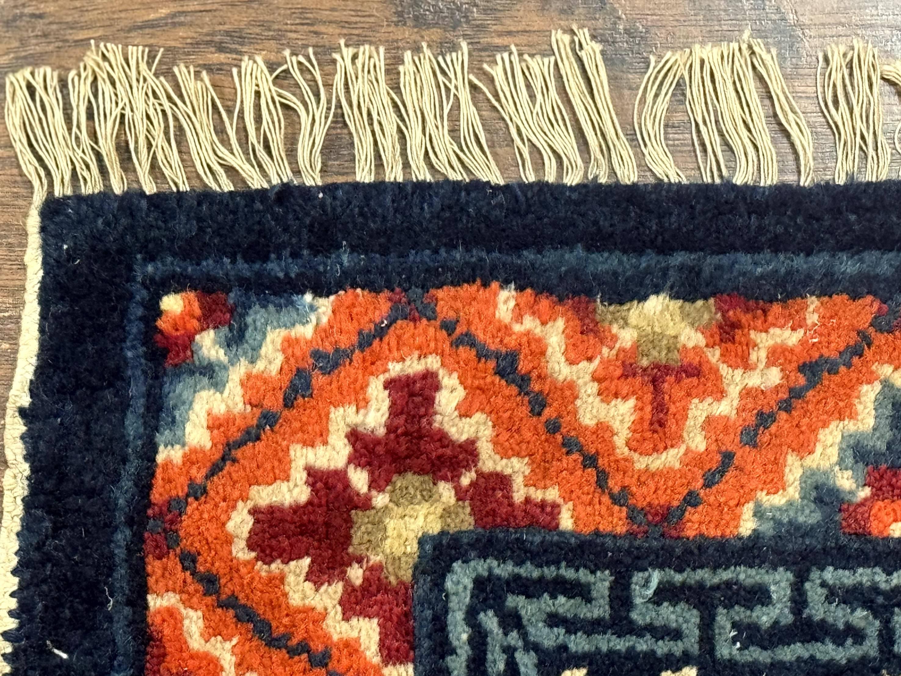 Small Antique Chinese Square Rug 2x3, Tibetan Rug, Red Orange Blue, 1920s Rug - Jewel Rugs