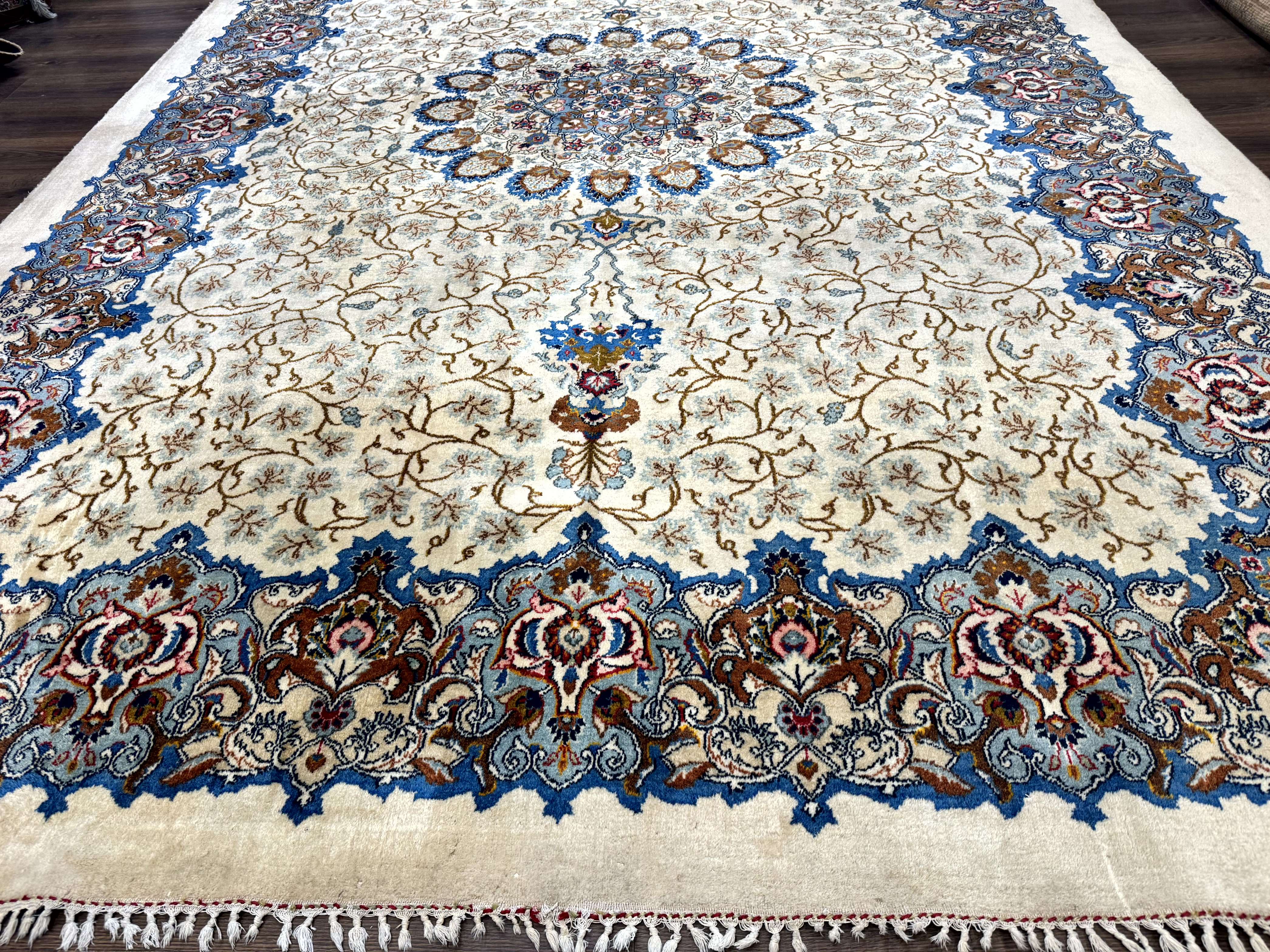 Persian Kashan Rug 9 x 12.6, Ivory and Blue, Floral Medallion, Wool Hand Knotted Semi Antique Carpet - Jewel Rugs