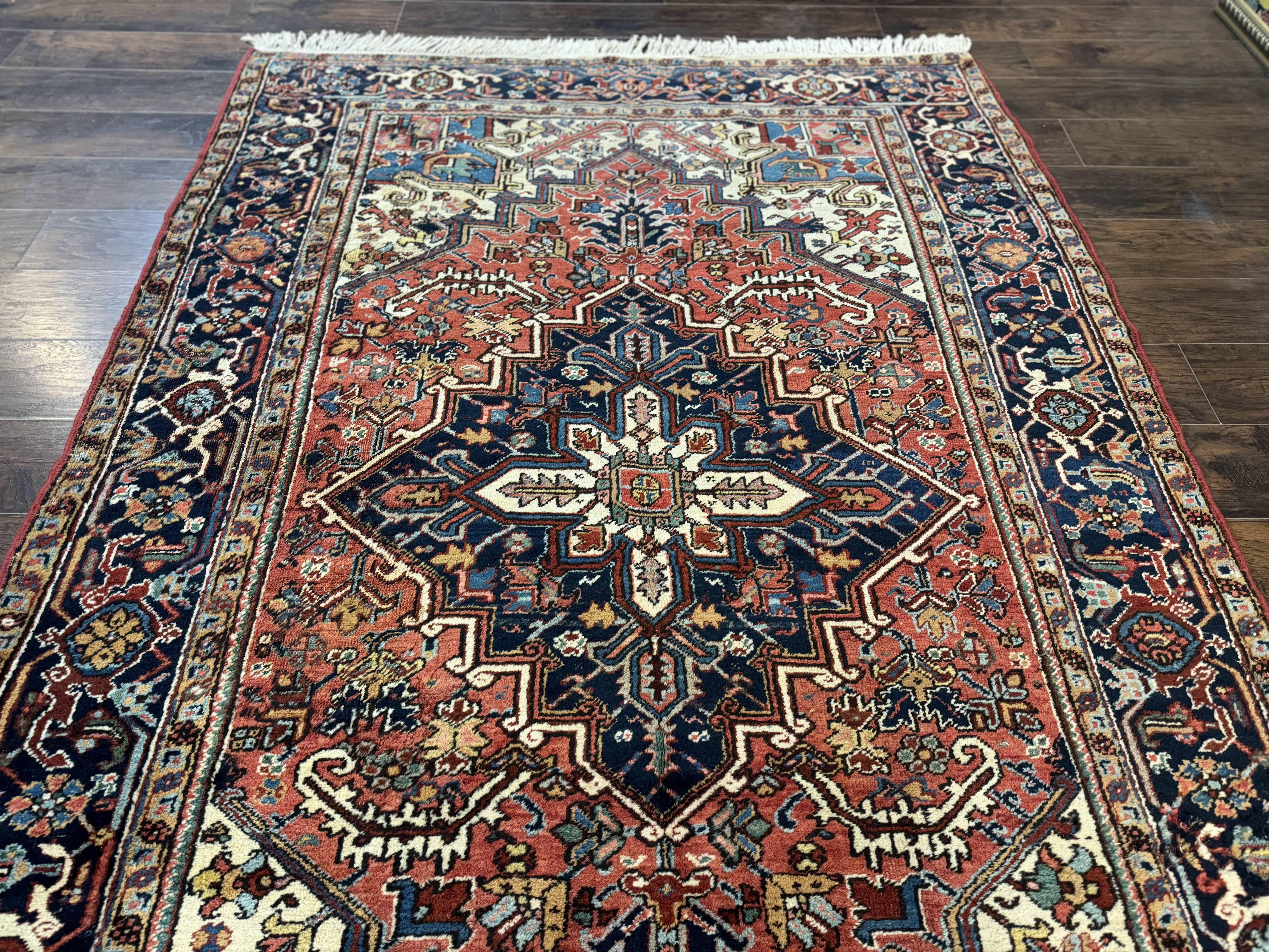 Antique Persian Heriz Rug 6x9, Red Navy Blue, Wool, Geometric Medallion - Jewel Rugs