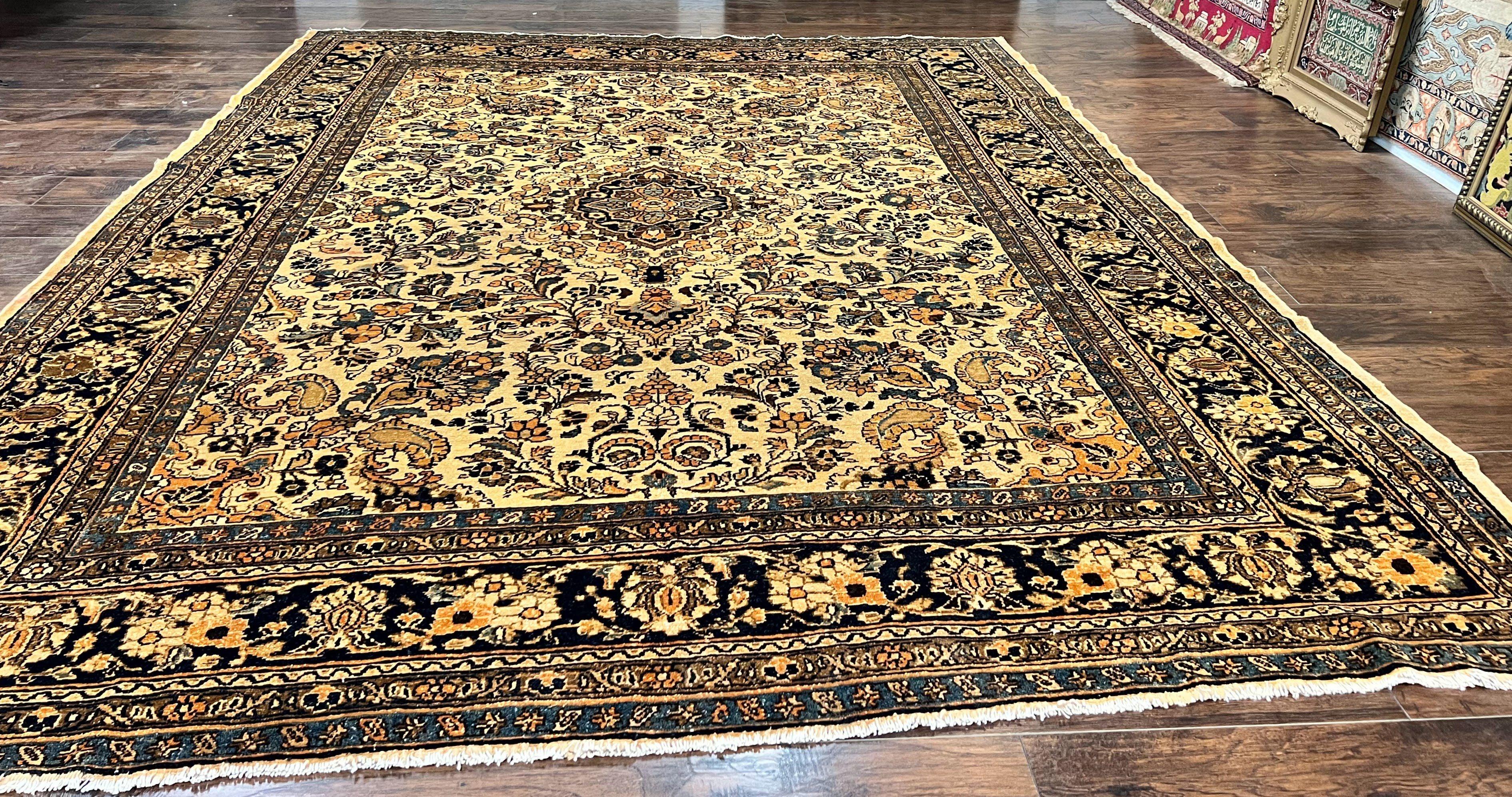 Antique Persian Rug 9x11, Wool Handmade 1920s Oriental Carpet, Persian Hamadan Anjelas Rug, Cream Black, Floral Allover Oriental Rug 9 x 11 Room Sized Rug - Jewel Rugs