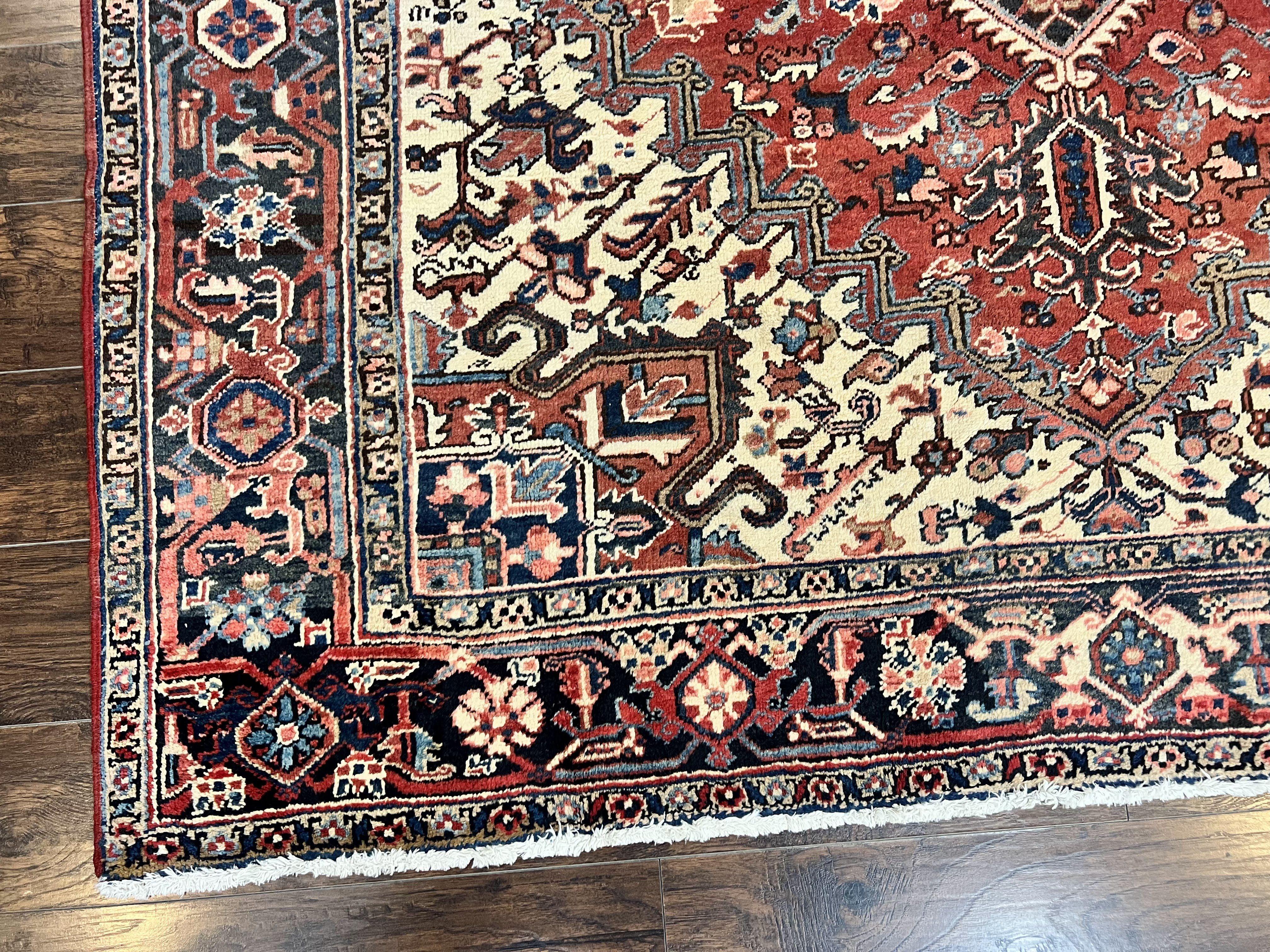 Persian Heriz Rug 8x11, Wool Hand Knotted Antique Carpet, Red Navy Blue Ivory, Geometric Rug, 8 x 11 Room Sized Oriental Rug - Jewel Rugs