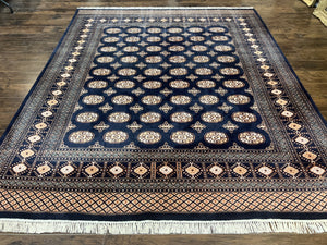 Pakistani Bokhara Rug 8x10, Turkoman Carpet 8 x 10, Dark Blue Ivory Cream Tan, Hand Knotted Vintage Handmade Wool Tribal Rug