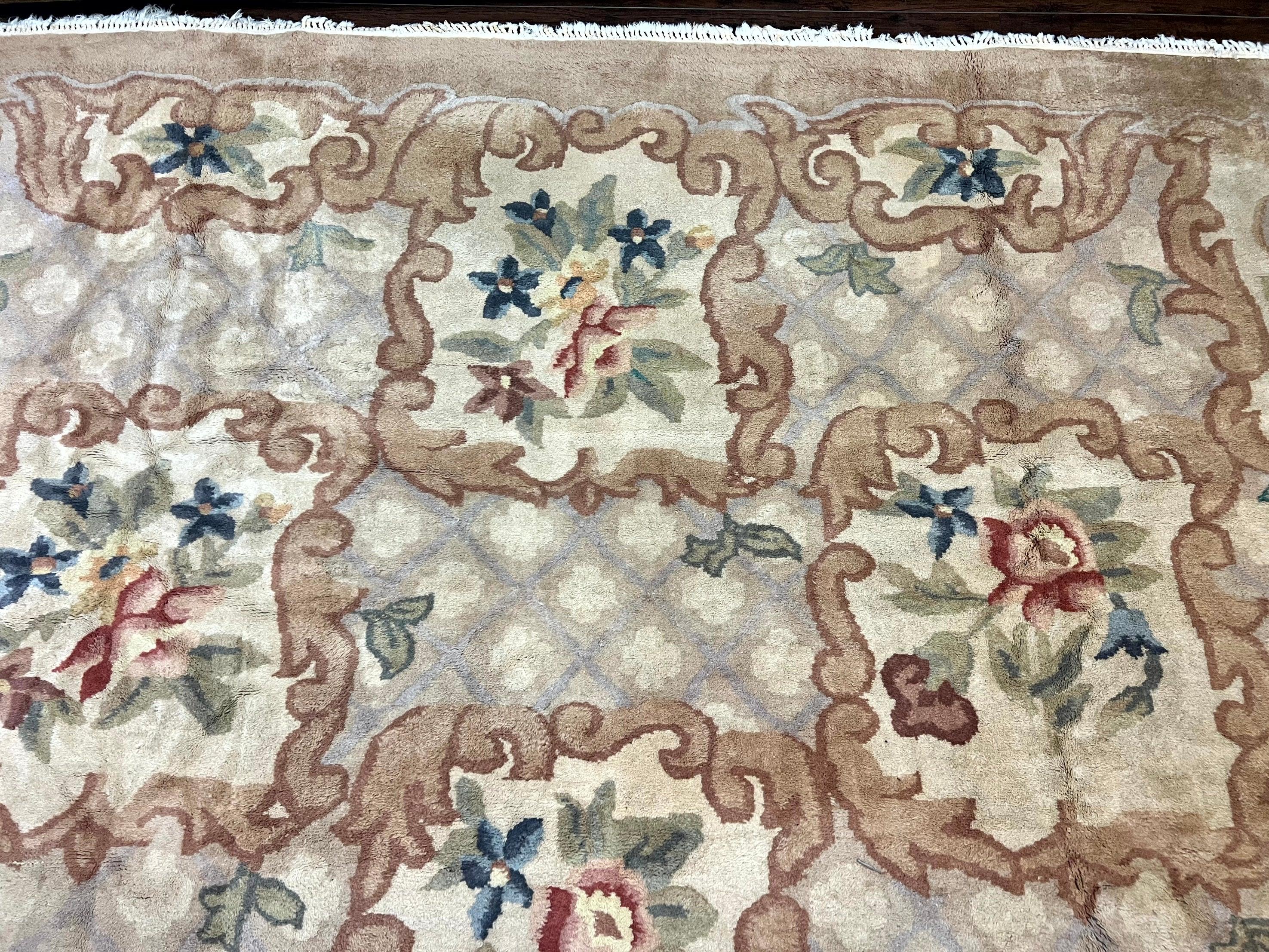 Indo Chinese Aubusson Wool Rug 11x16, Palace Sized Carpet, Oversized Handmade Vintage Rug, European Design - Jewel Rugs