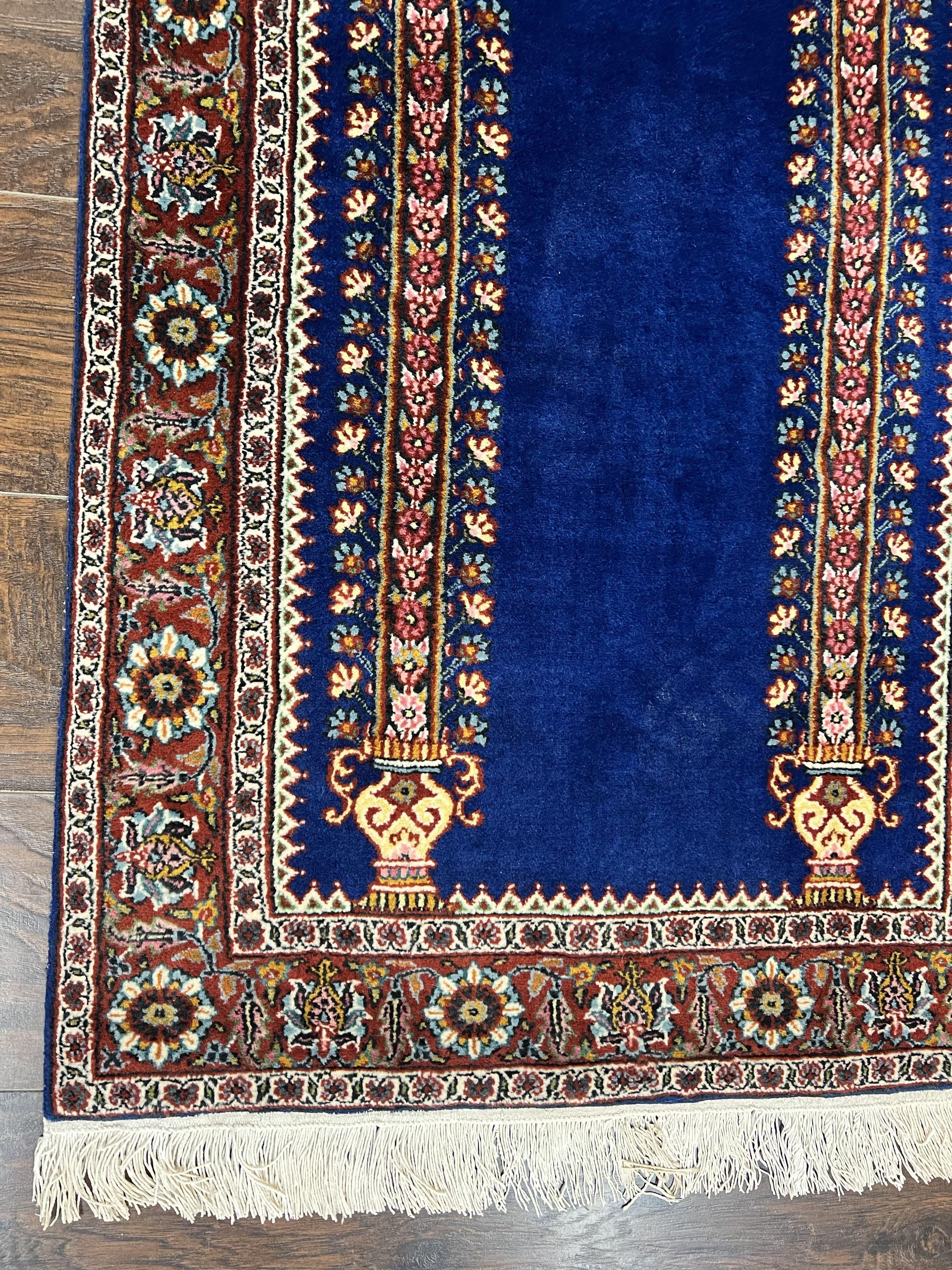 Indo Persian Prayer Rug 3x5, Fine Oriental Carpet, Dark Blue and Red, Vintage Hand Knotted Handmade Prayer Rug - Jewel Rugs