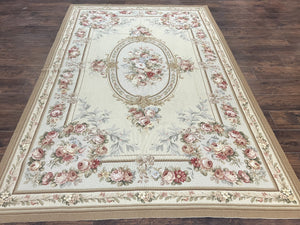 Needlepoint Rug, Aubusson Design, Petit Point Carpet, Floral, Cream, French European Design, Flatweave, Wool, Vintage