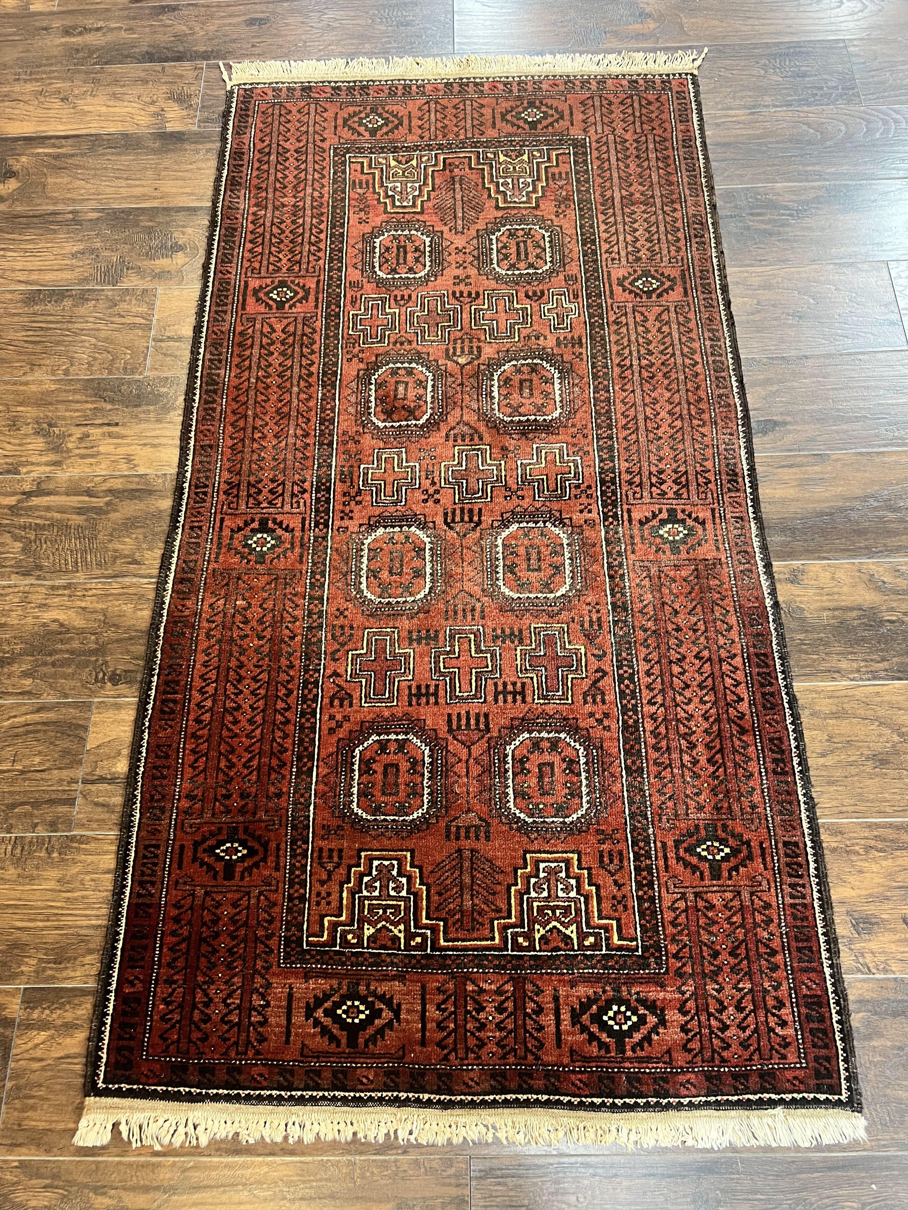 Antique Persian Turkoman Rug 3x6, Wool Tribal Handmade Carpet, Red and Black - Jewel Rugs