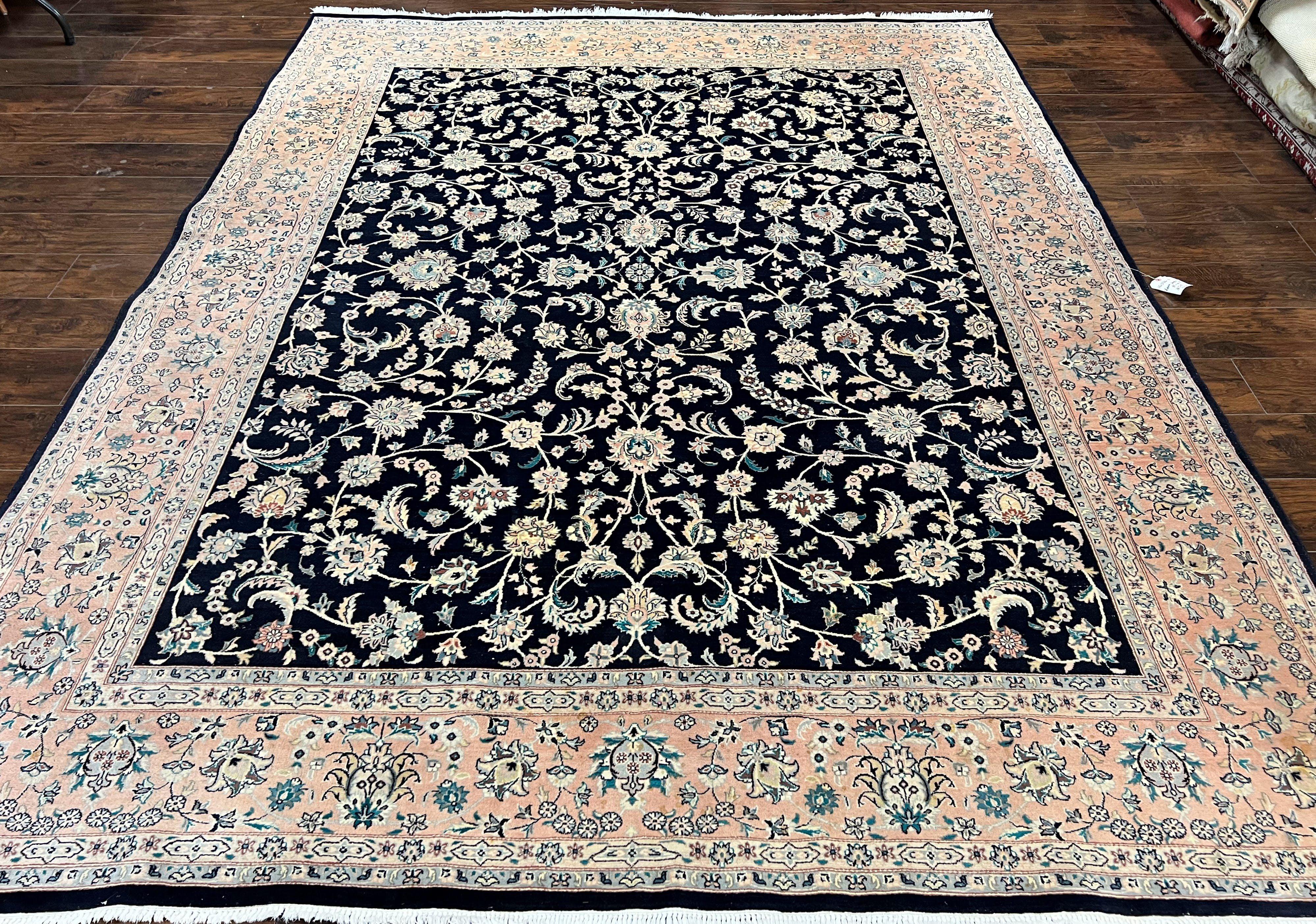 Pak Persian Rug 8x11, Fine Floral Allover Oriental Carpet 8 x 11 ft, Dark Blue and Pink, Room Sized Wool Vintage Rug, Hand Knotted Rug - Jewel Rugs