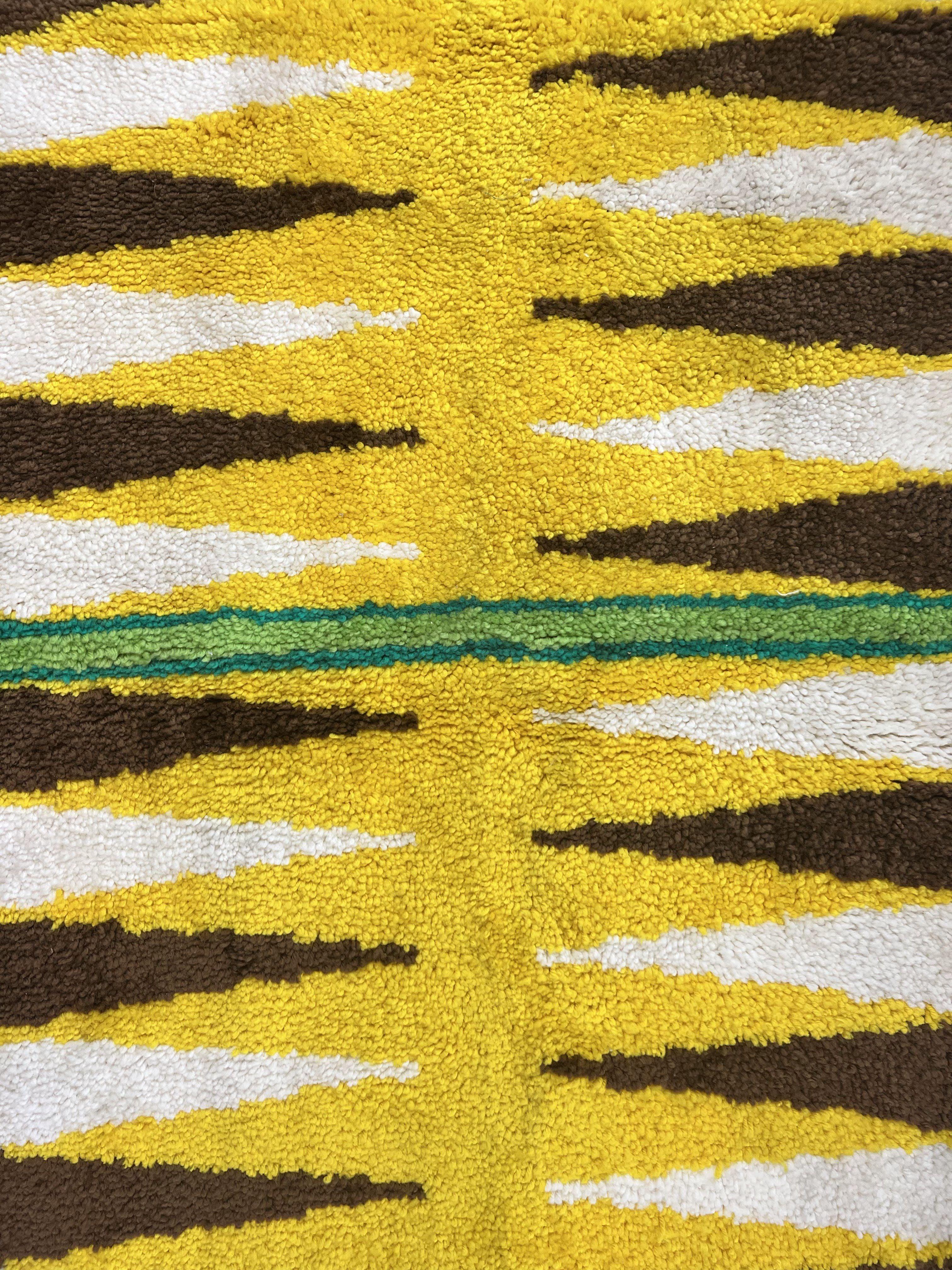 Danish Rya Rug 3x4, Vintage Mid Century Retro Rya Shag Rug, Stripes, Yellow Ivory Brown - Jewel Rugs