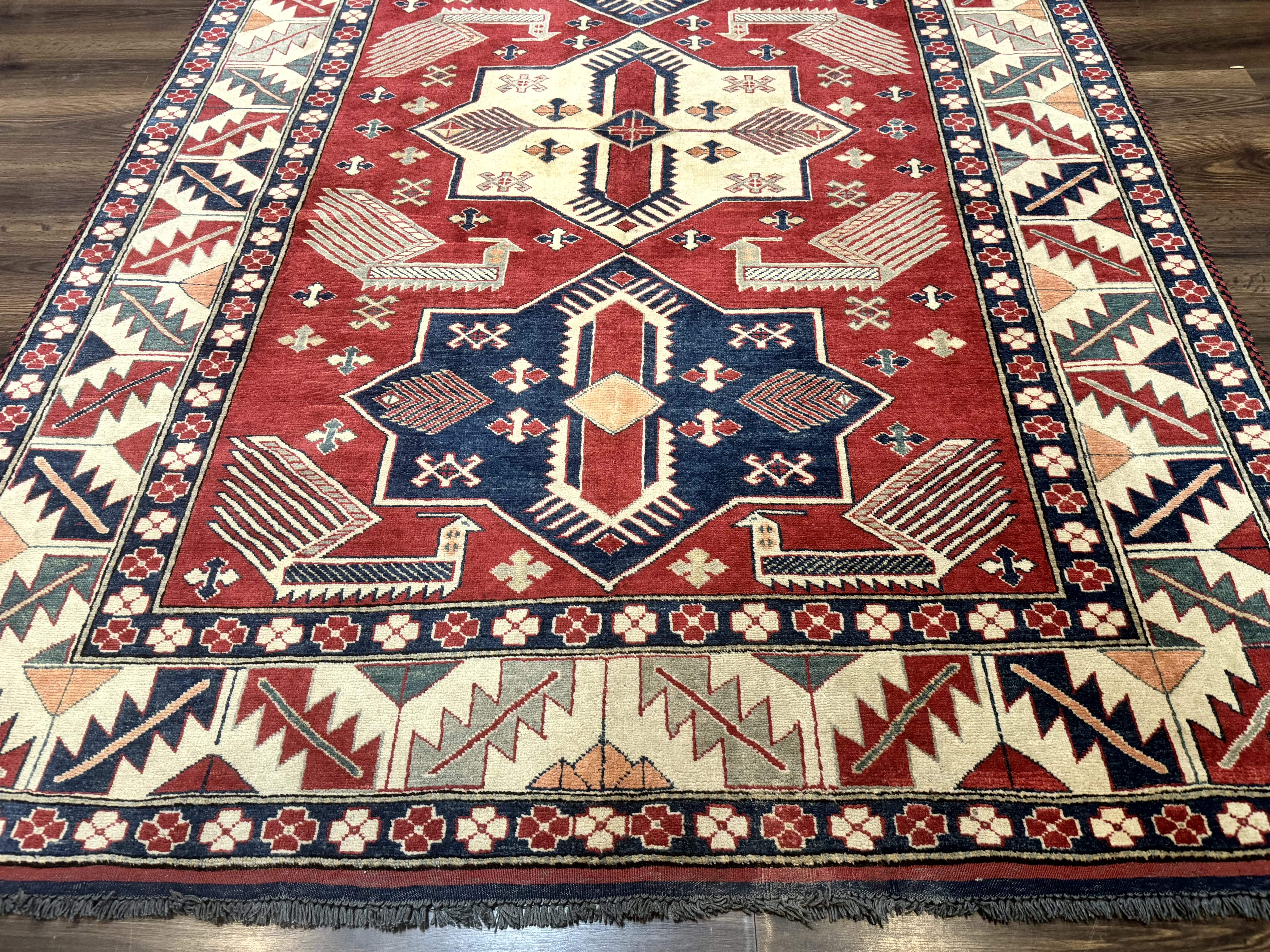 Turkish Kazak Rug 6x8, Caucasian Design, Geometric Medallions, Red Blue Beige - Jewel Rugs