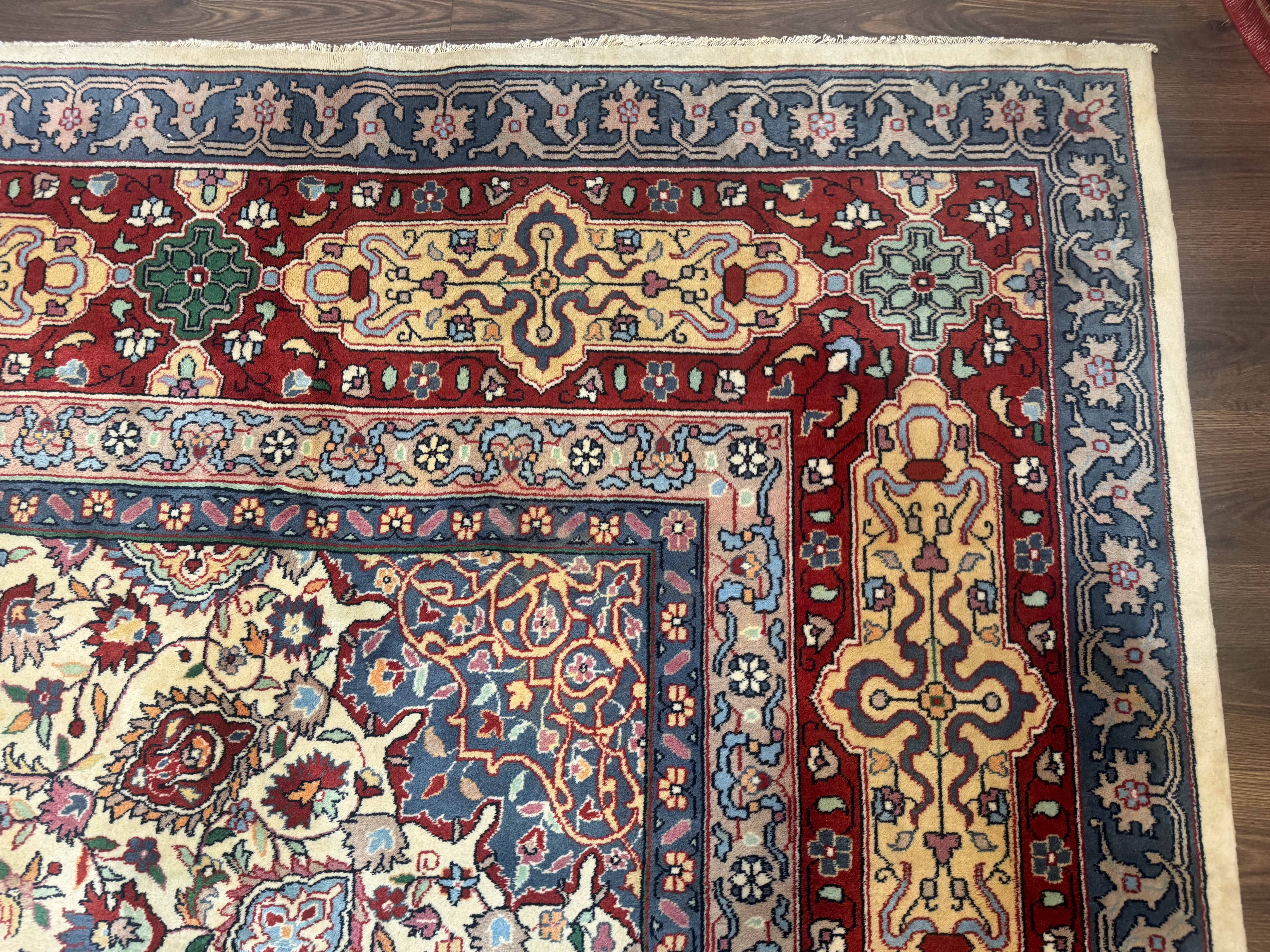 Persian Mashad Rug 10x16, Palace Size Handmade Wool Carpet, Cream Red, Floral Medallion, Vintage - Jewel Rugs